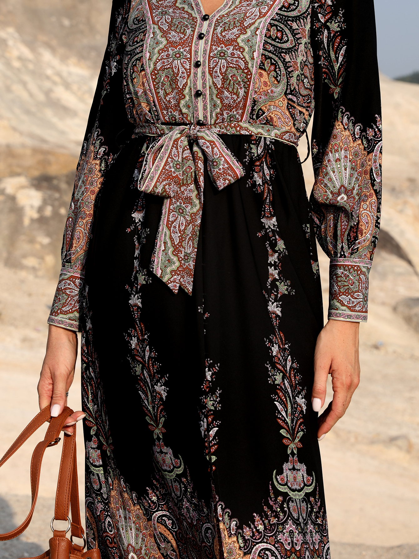 Boho Paisley Print Long Sleeve Midi Dress W-33803