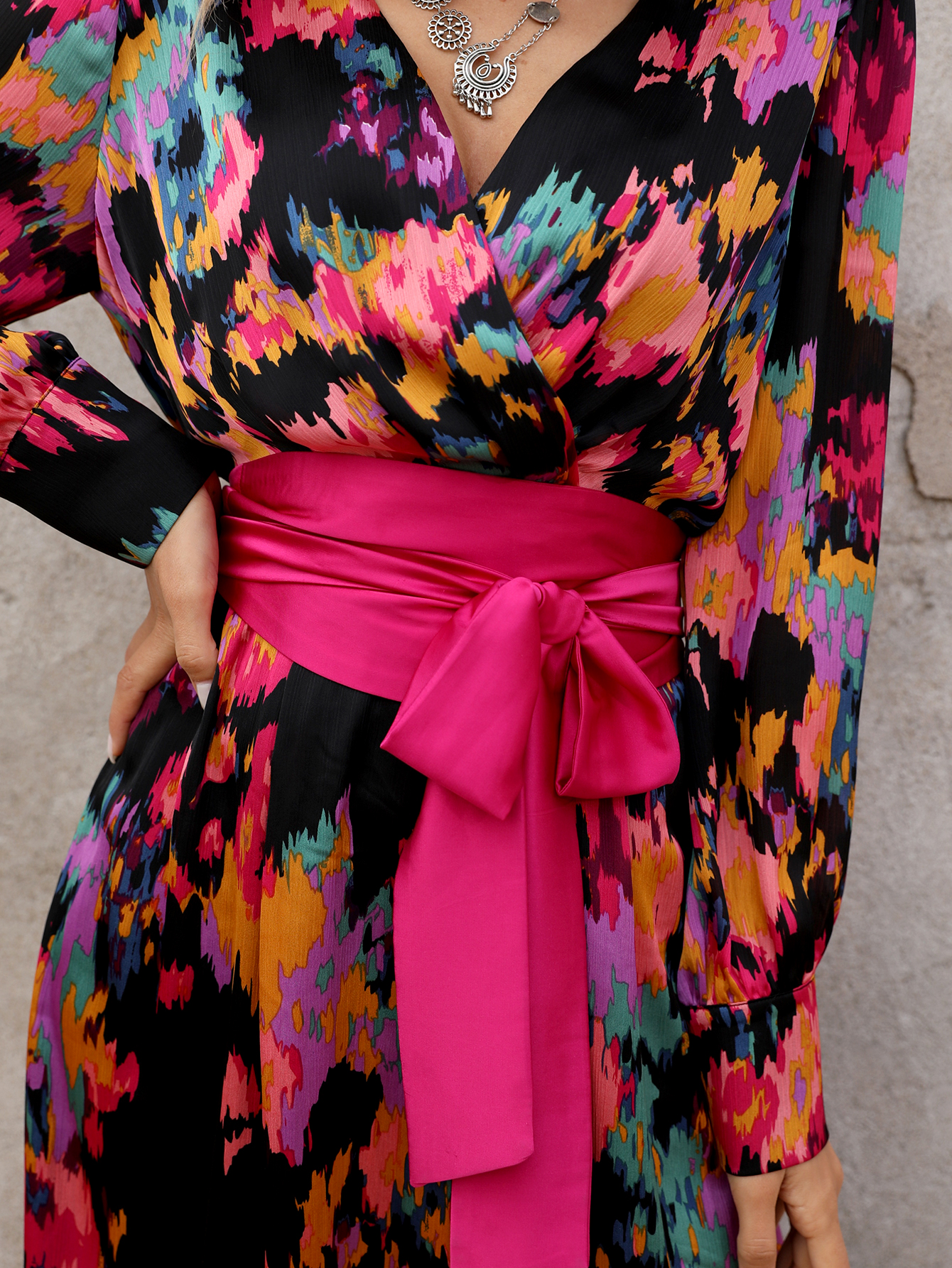 Vibrant Floral Maxi Dress with Waist Tie W-34086