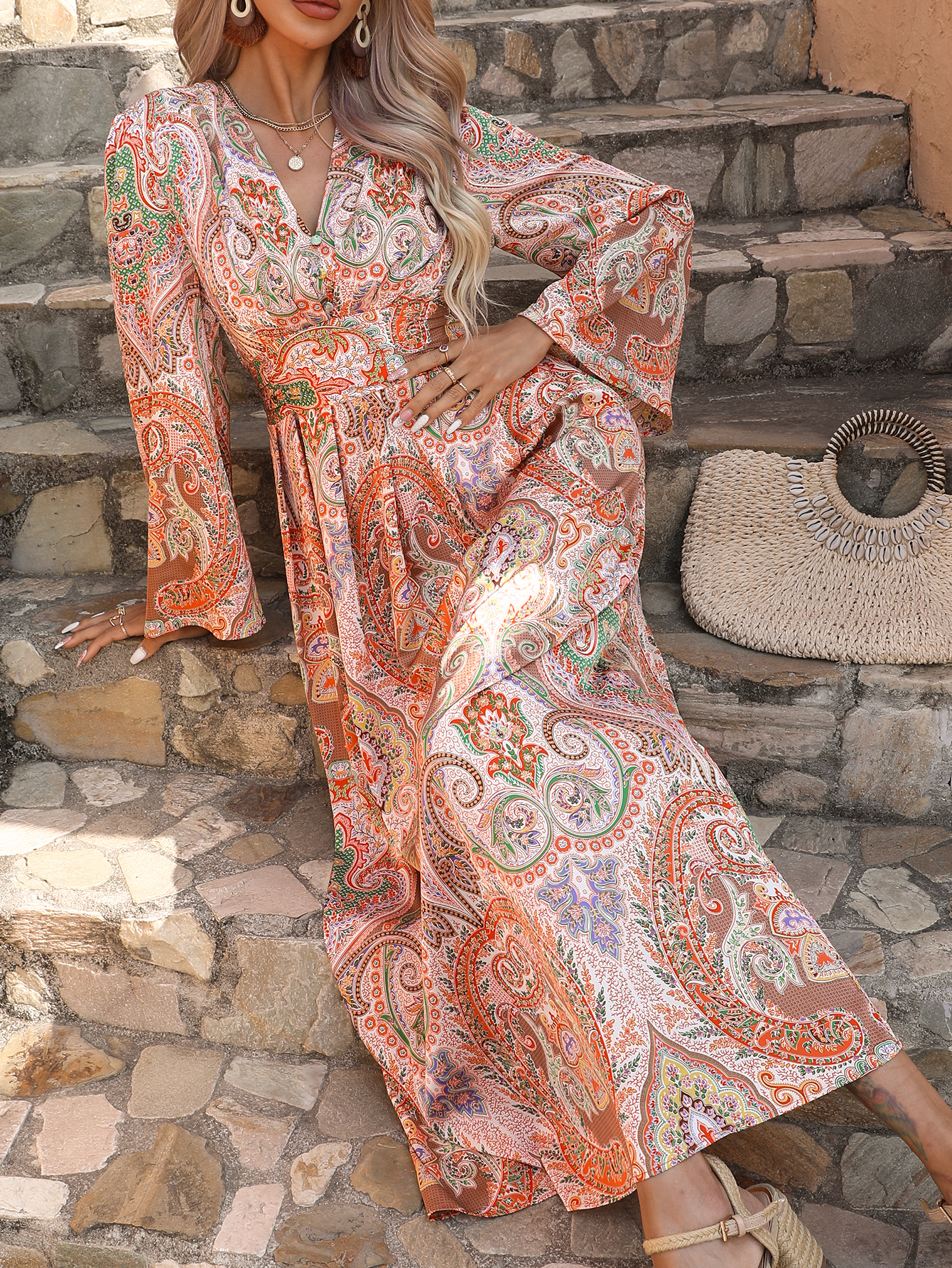Women Boho Paisley Print V Neck Long Flare Sleeve High Waist Vacation Maxi Dress W-34375