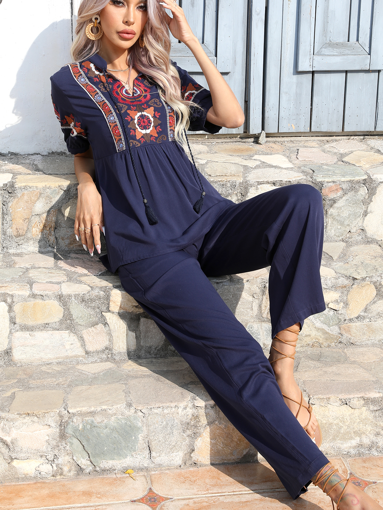 Women Boho Embroidered Two Piece Set Short Sleeve Top & Wide Leg Pants W-34407