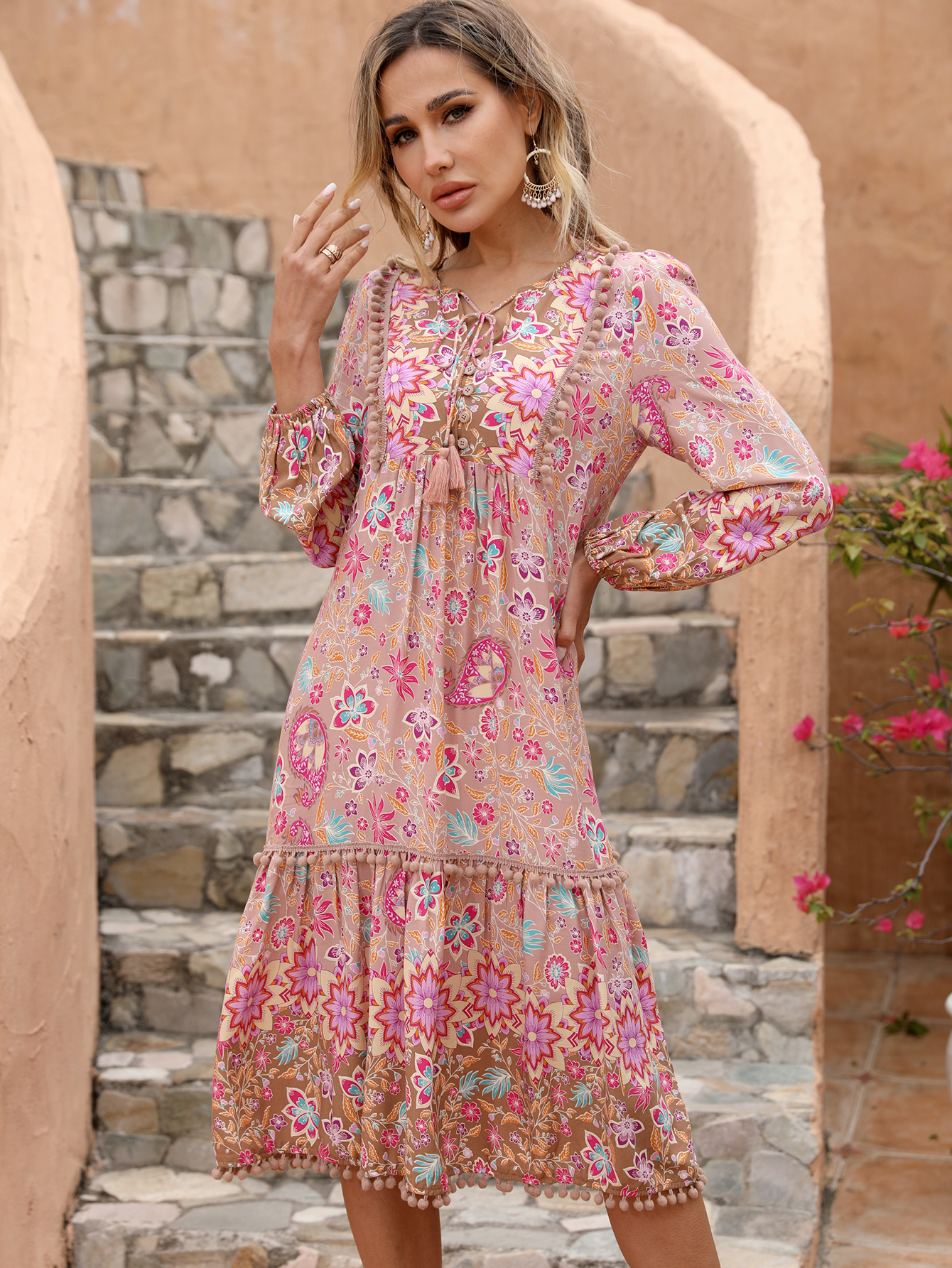 Women’s Boho Floral Mini Dress with Long Sleeves & Tassel Tie – Resort Style D-33392