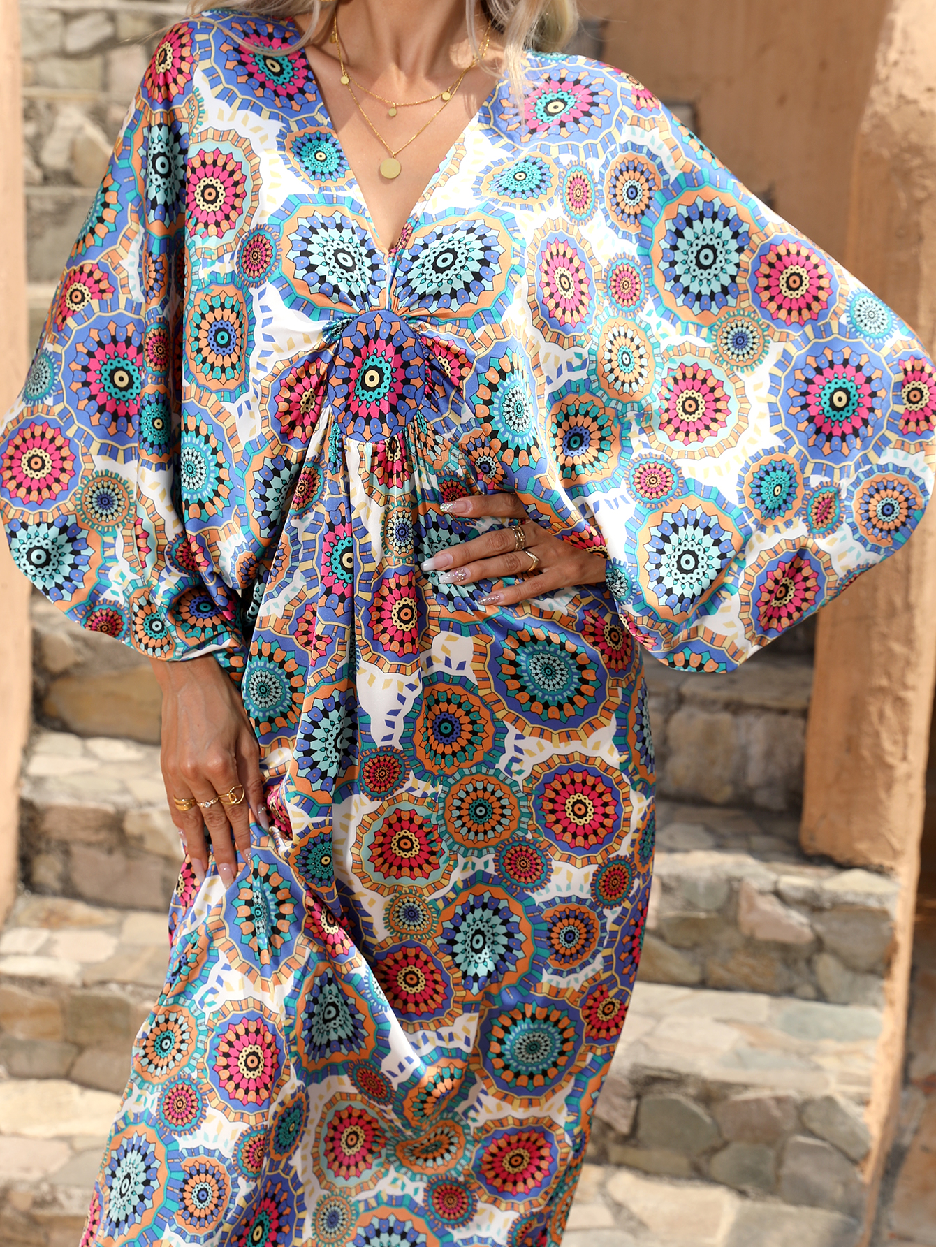 Women Boho Mandala Print V Neck Knot Front Kimono Sleeve Maxi Dress W-34668