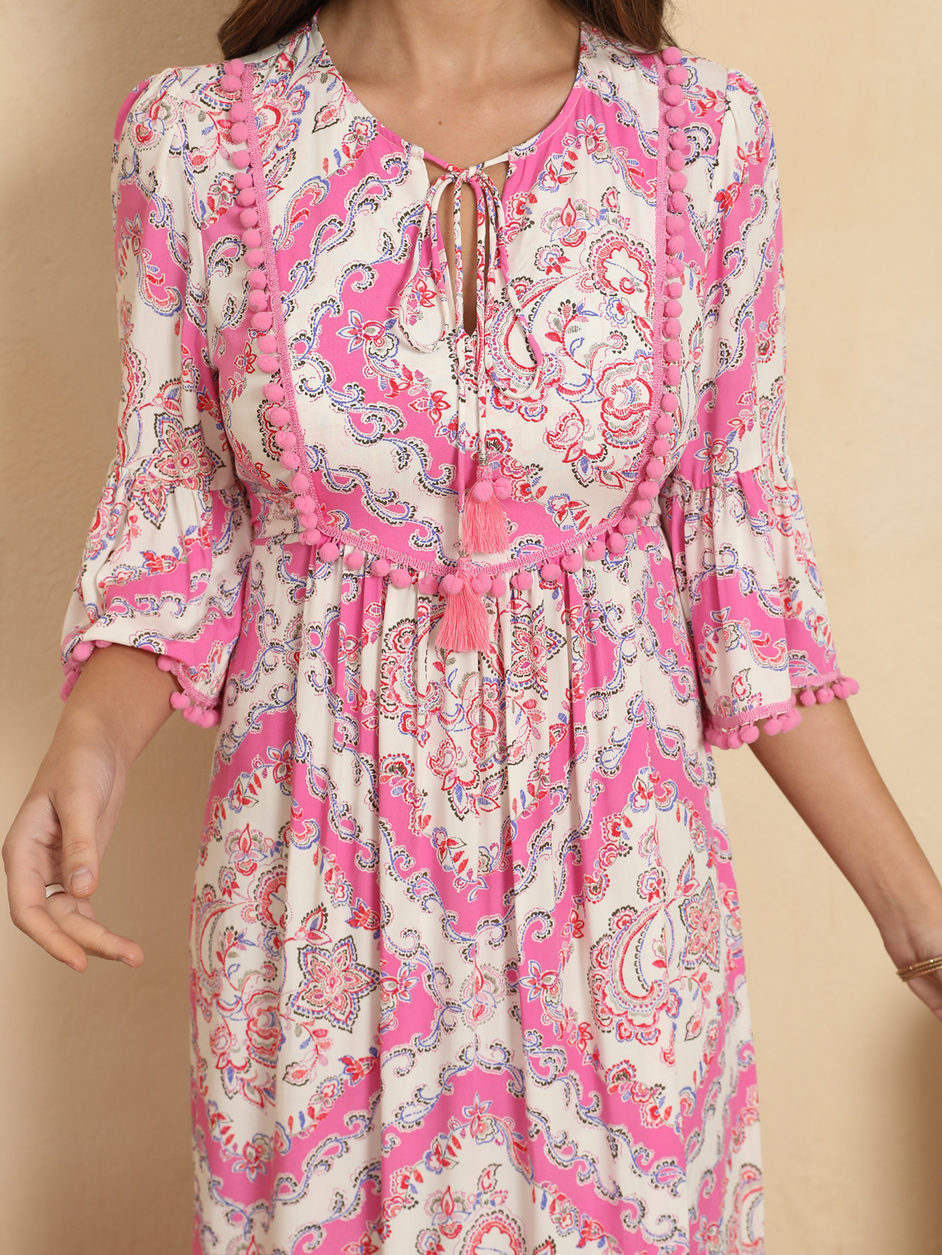 Women Summer Boho Paisley Print Tassel Tie Pom Pom Sleeve Maxi Dress W-34676