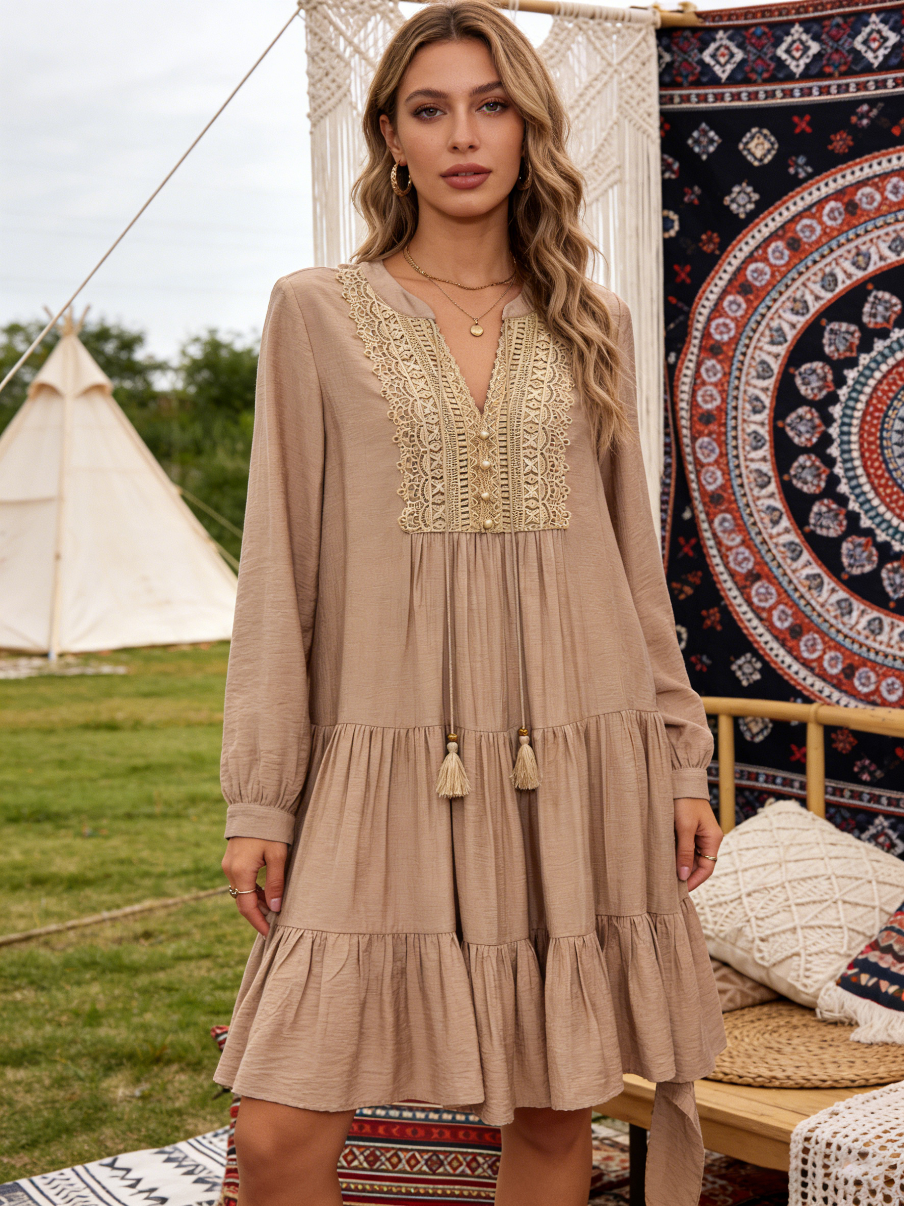 Women’s Boho Lace Panel Tassel Tie Tiered Mini Dress B-42051