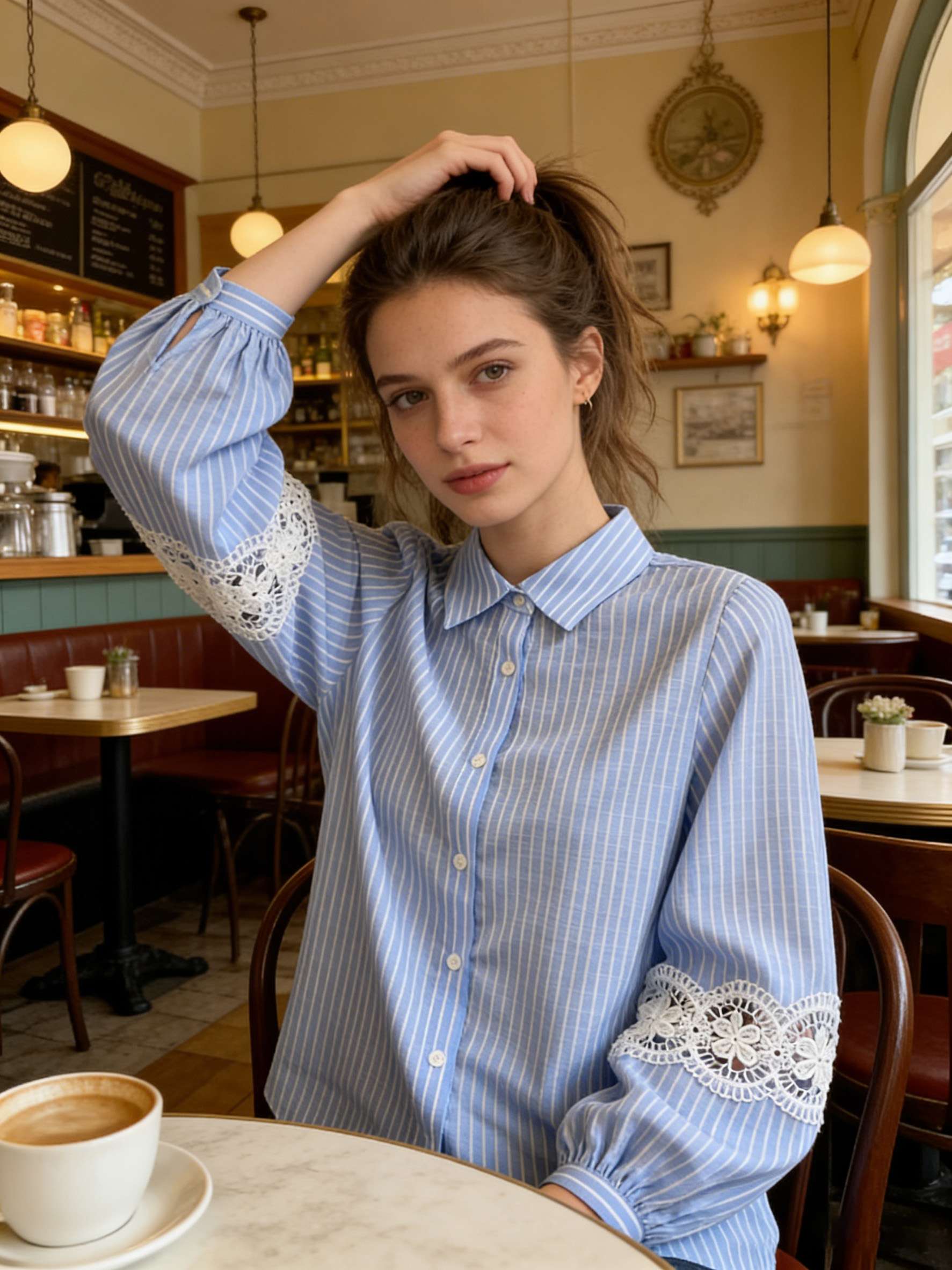 Women’s Striped Lace Sleeve Button Down Casual Blouse C-39756