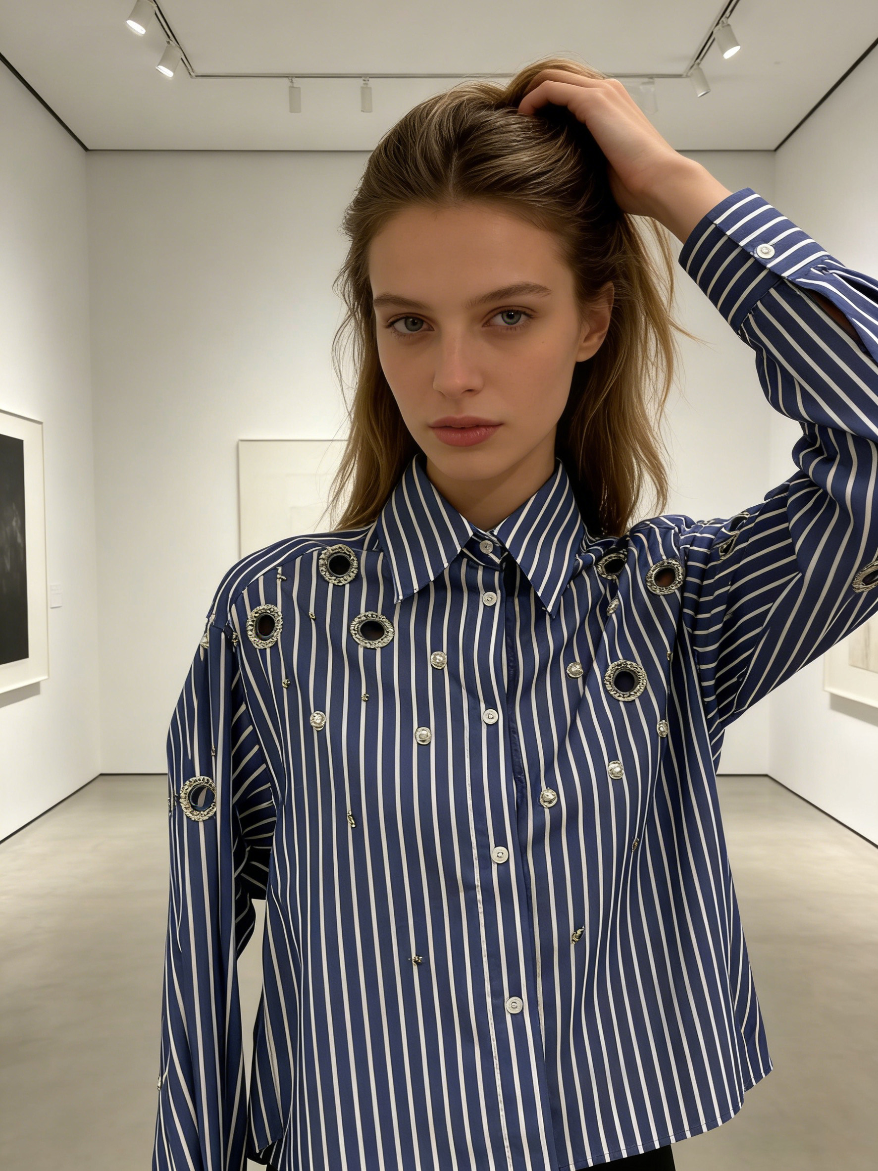 Women’s Embellished Striped Cropped Button Down Shirt C-41063