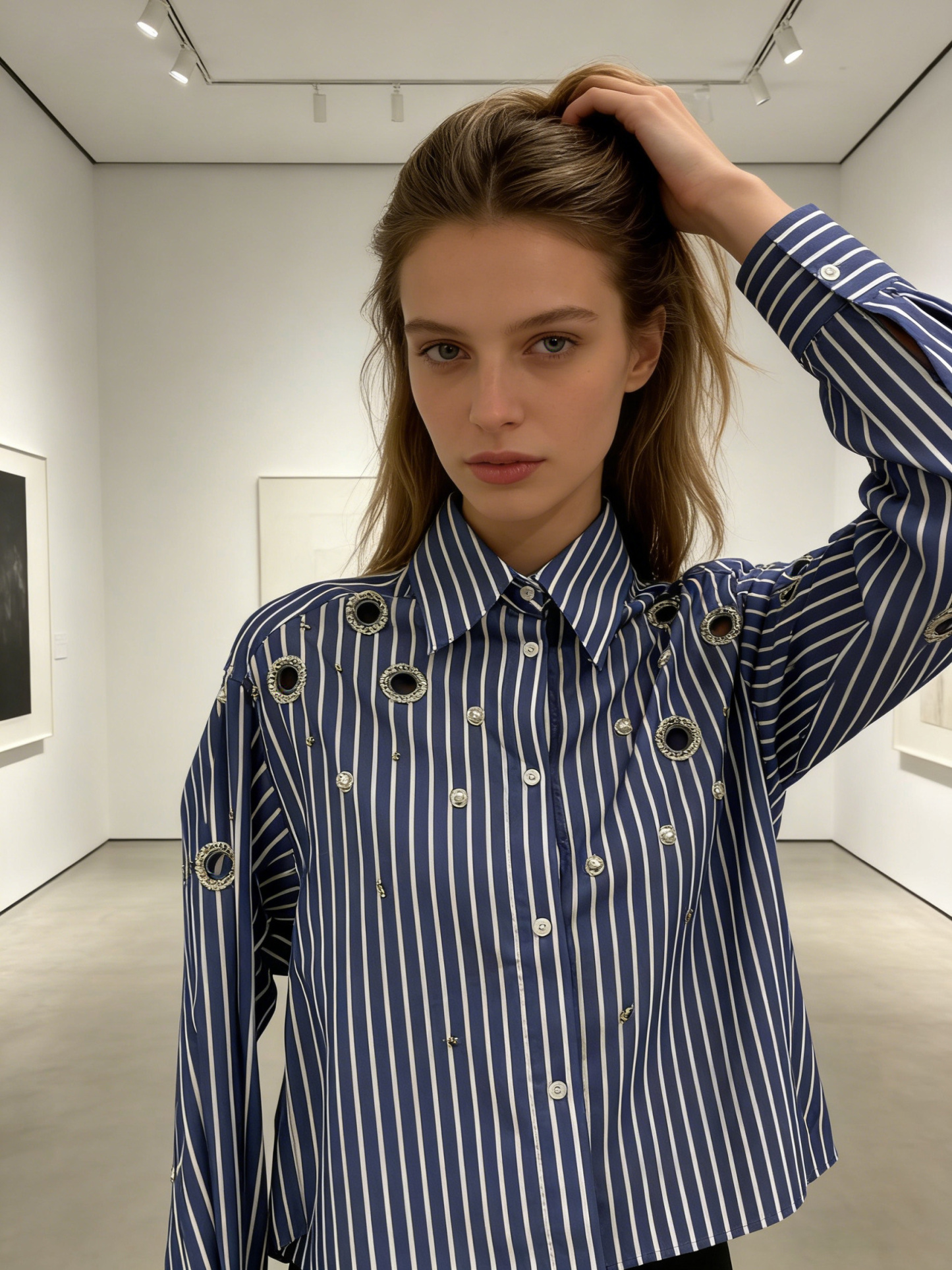 Women’s Embellished Striped Cropped Button Down Shirt C-41063