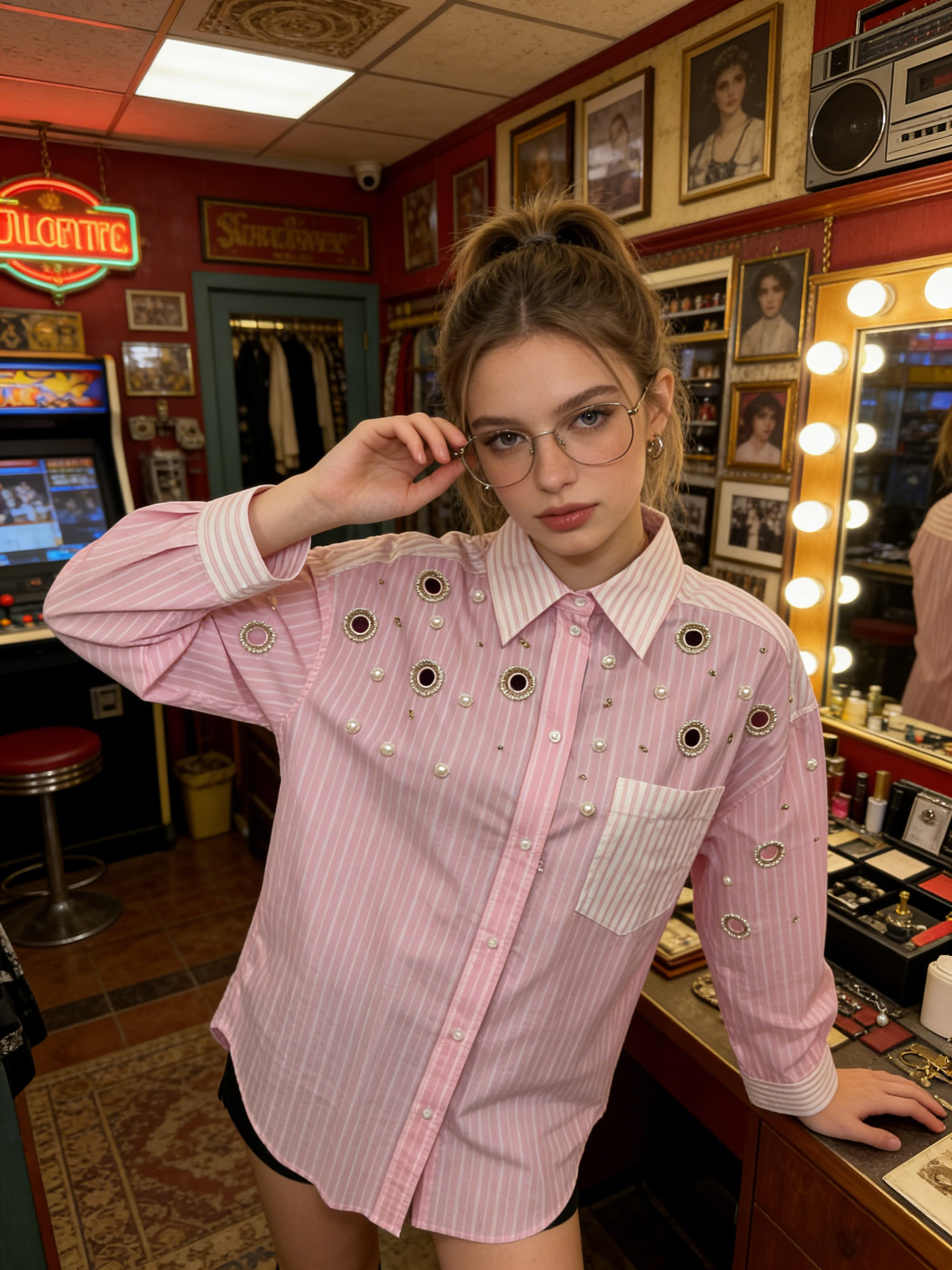 Women’s Embellished Striped Button Down Casual Shirt C-41066