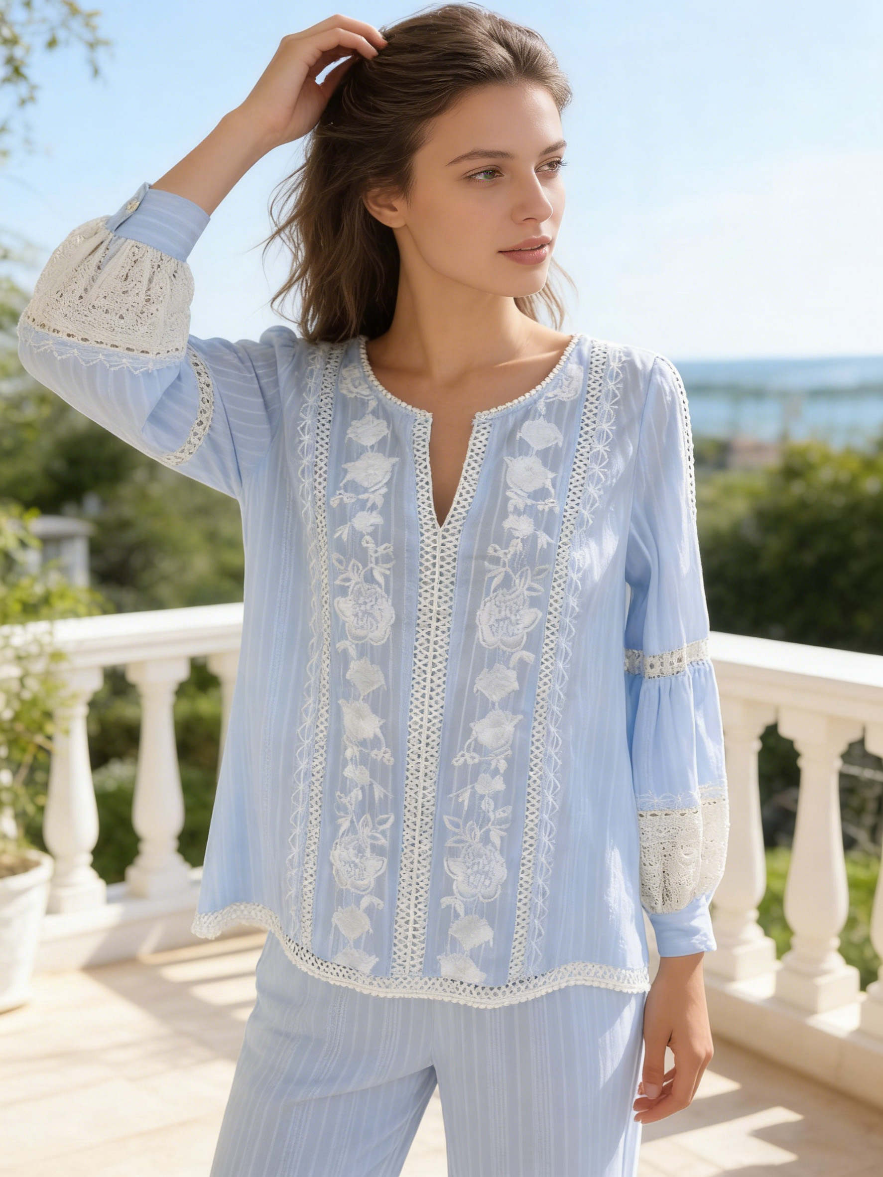 Women’s Boho Floral Embroidered Lace Patchwork Blouse W-26500