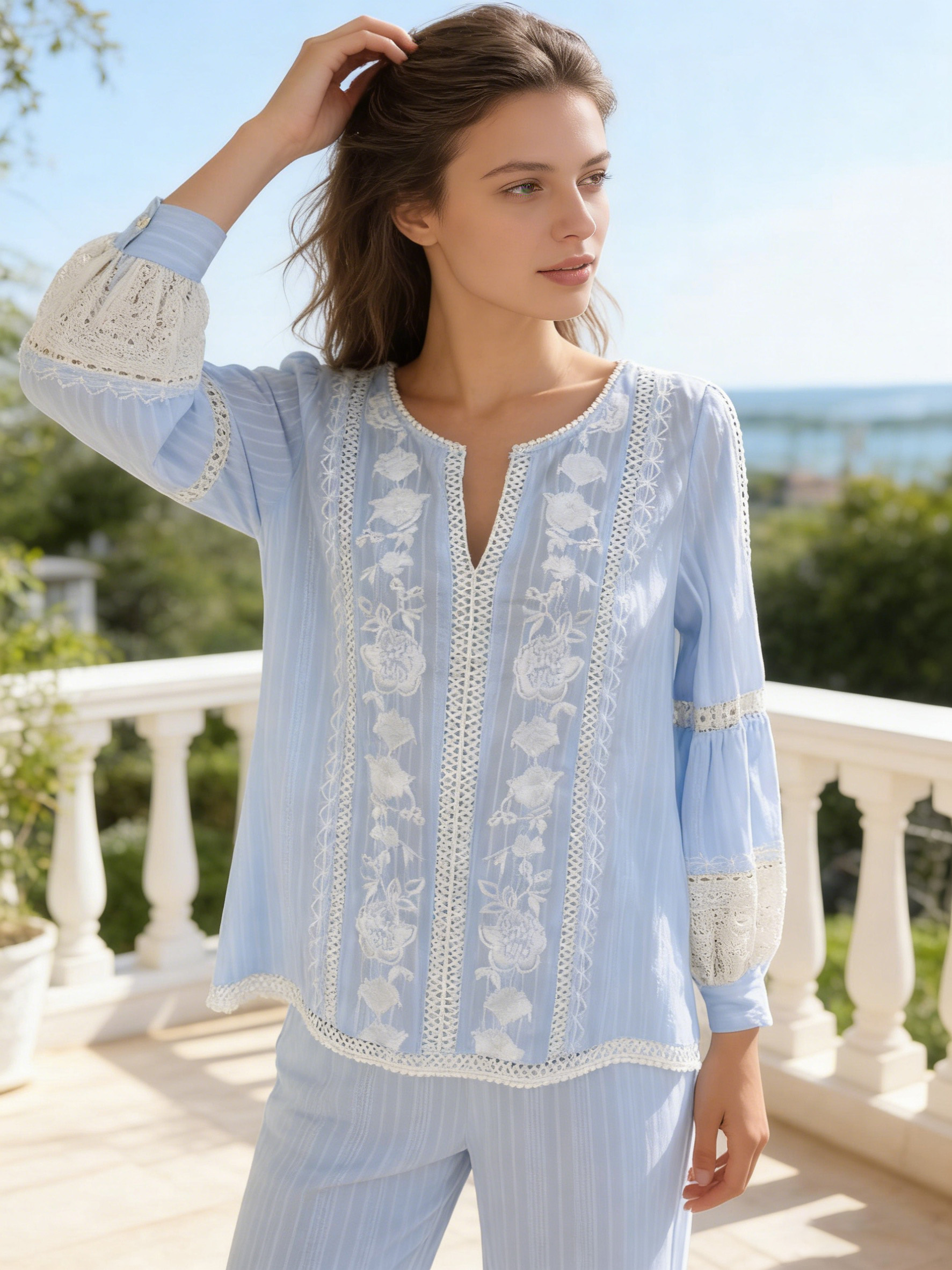 Women’s Boho Floral Embroidered Lace Patchwork Blouse W-26500