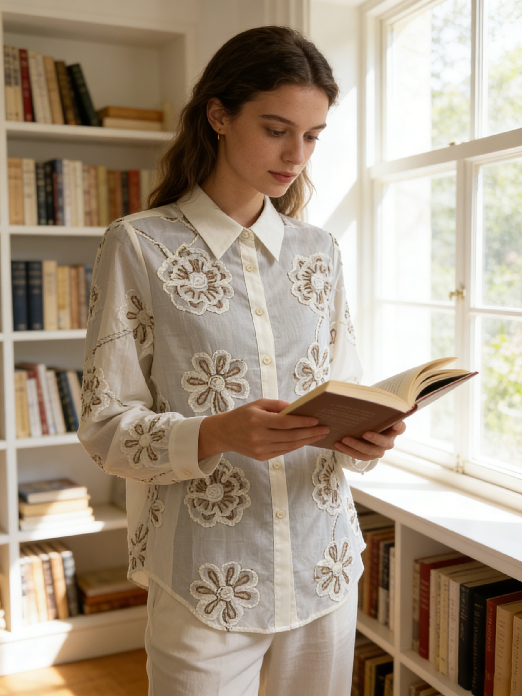 Women’s Sheer Floral Embroidered Button Down Blouse D-41983