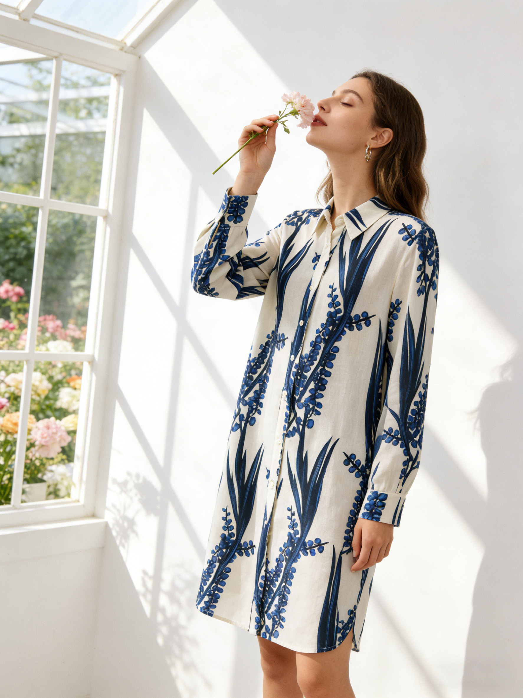 Women’s Botanical Print Long Sleeve Shirt Dress K-41737