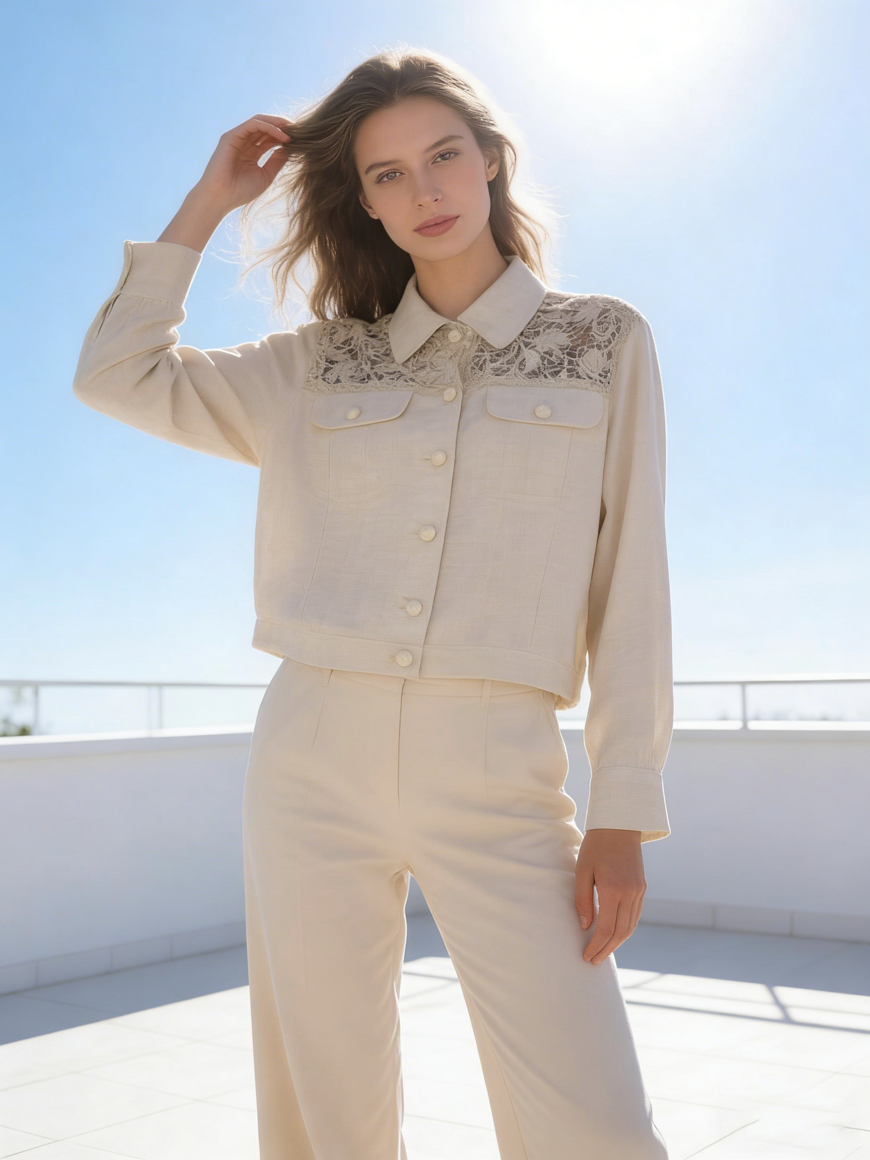 Women’s Lace Panel Linen Blend Cropped Trucker Jacket SZLA-320015