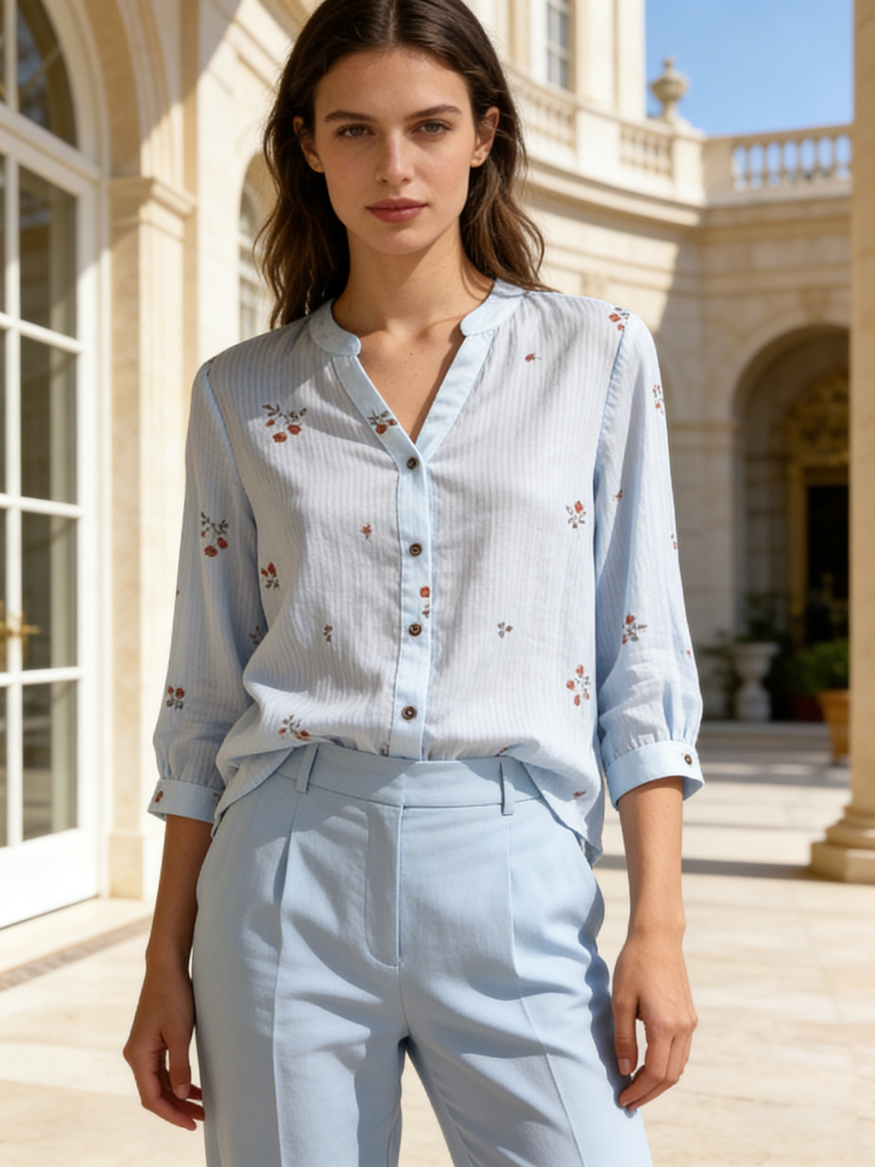 Women's V-Neck Button Down Blouse - Textured Vertical Stripe & Floral Print Shirt A-42524