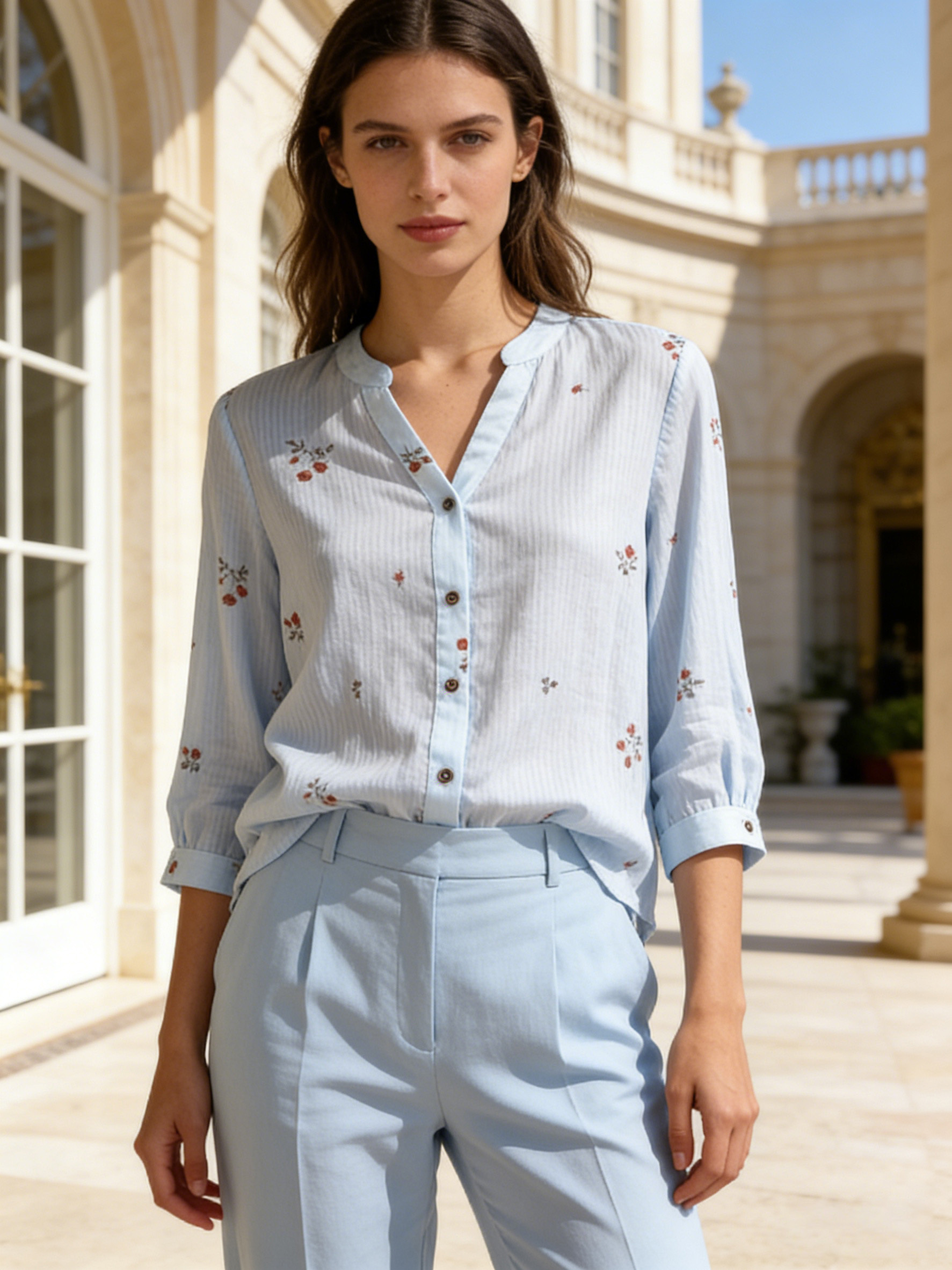 Women's V-Neck Button Down Blouse - Textured Vertical Stripe & Floral Print Shirt A-42524