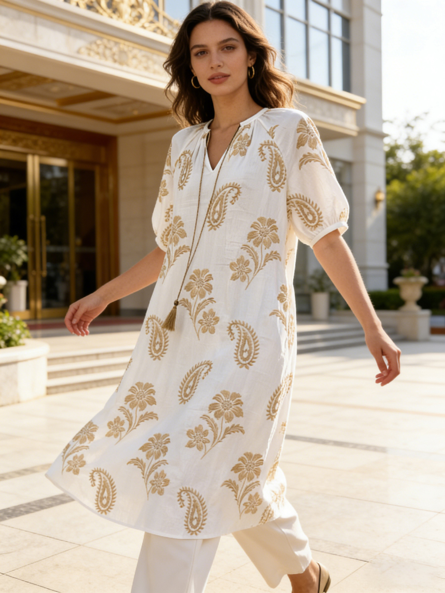  Women's Boho Chic White Midi Dress with Gold Paisley Embroidery and Tassel Tie C-42574