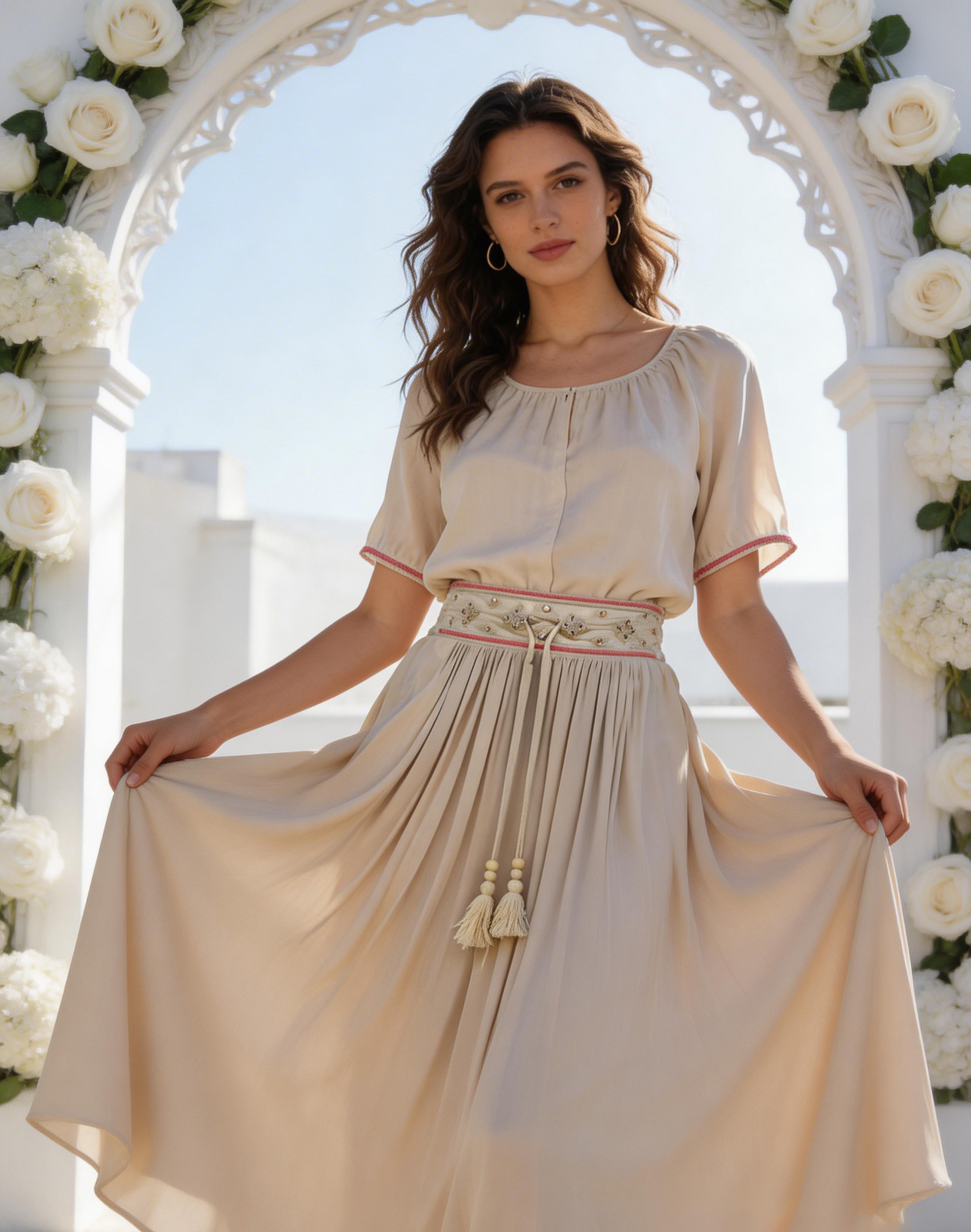 Ethnic Style Embroidered Skirt - Beige High Waist Tassel Trim Boho Maxi Skirt  AW-R290026