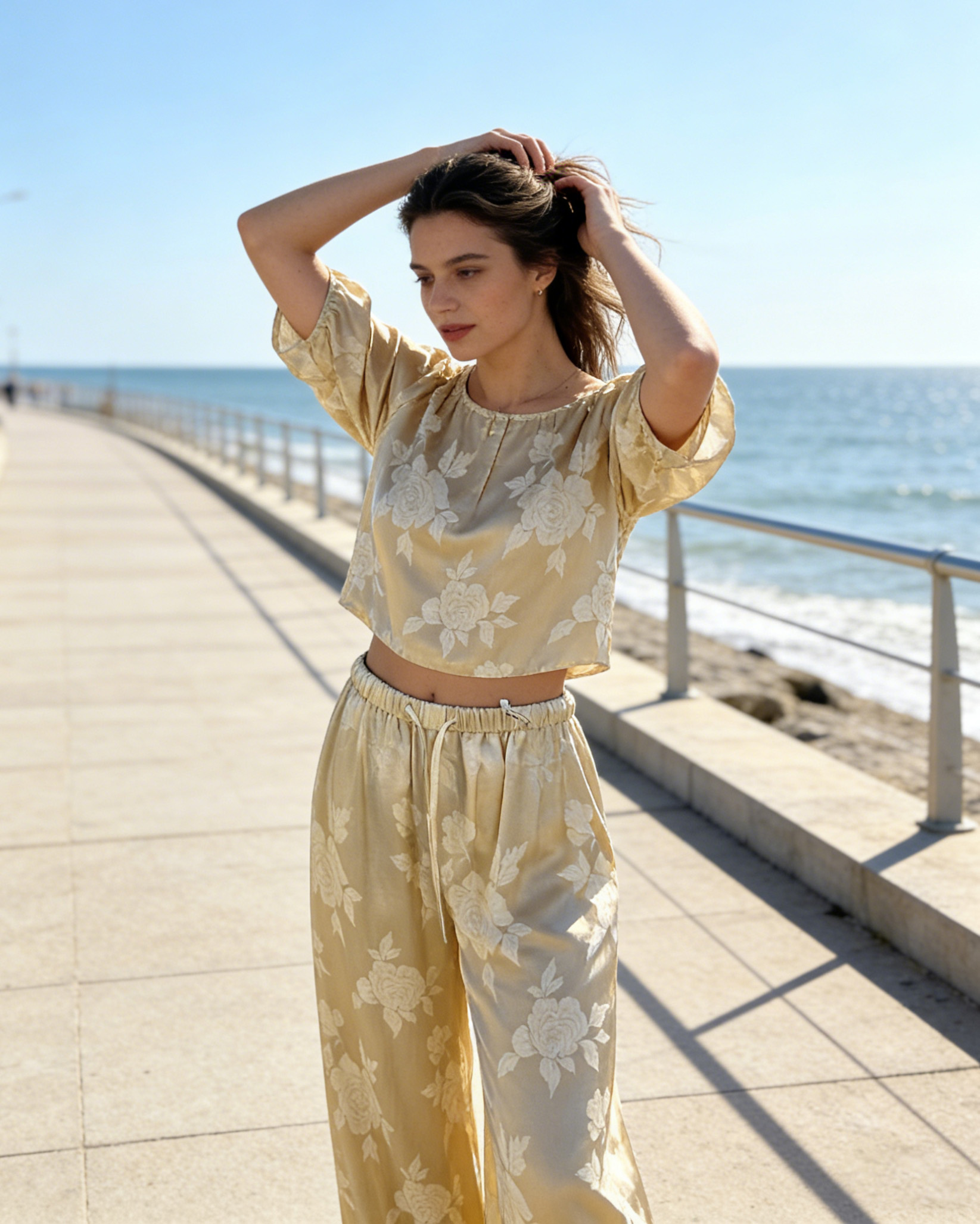 Women's Champagne Satin Wide Leg Pants - Rose Jacquard Drawstring Waist Trousers W-38546