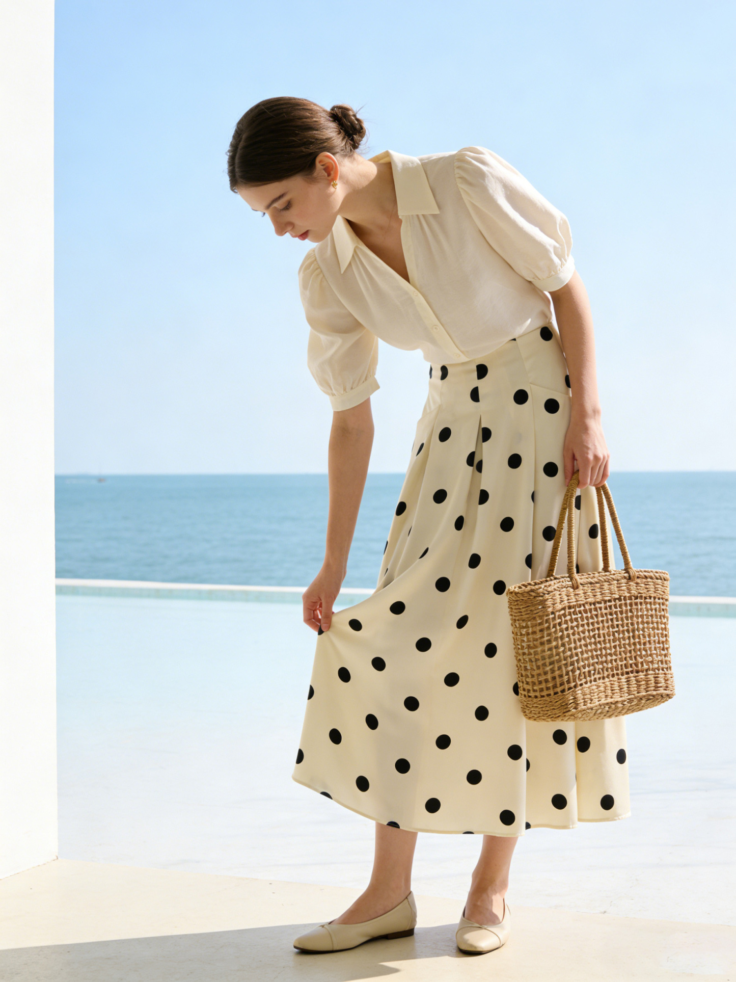 Black White Polka Dot High Waist Midi Skirt with Pockets - Retro A-Line Skirt W-38965