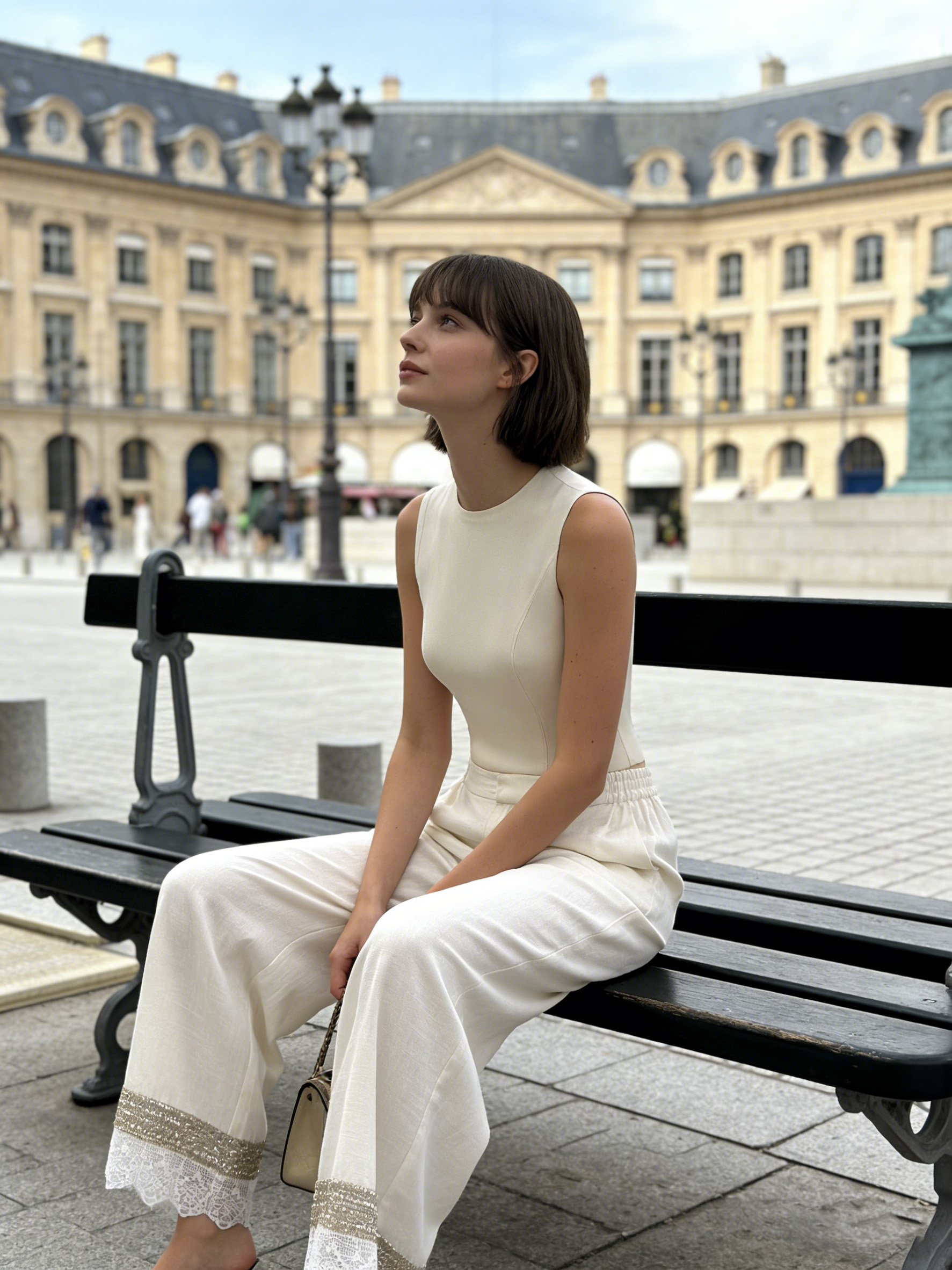 White Linen-Blend Wide Leg Pants with Beaded Lace Trim - Elegant Trousers W-40484