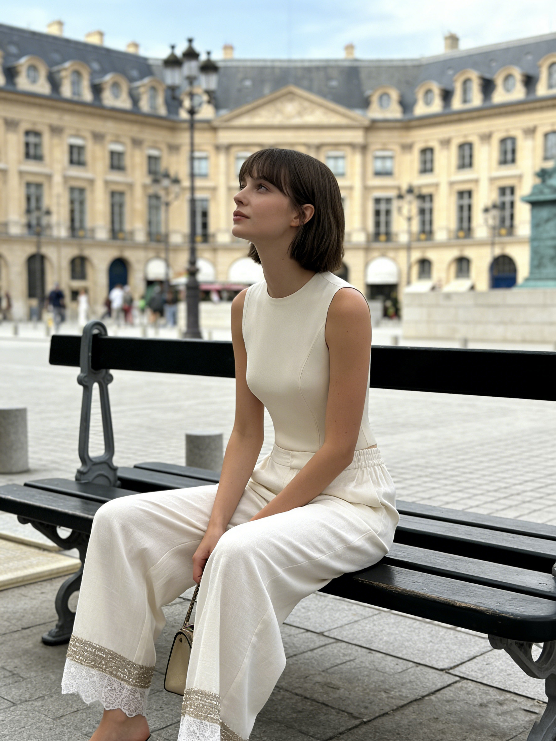 White Linen-Blend Wide Leg Pants with Beaded Lace Trim - Elegant Trousers W-40484