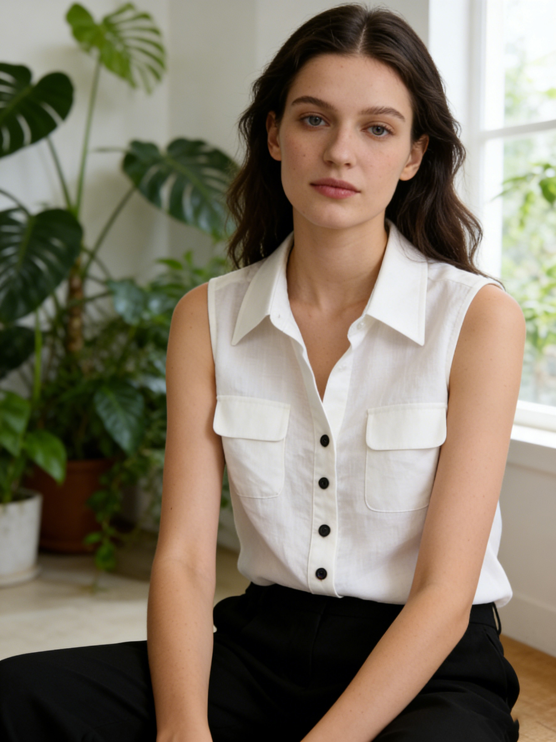 Chic White Sleeveless Shirt - Pocket Detail Layering Blouse  C-41786A