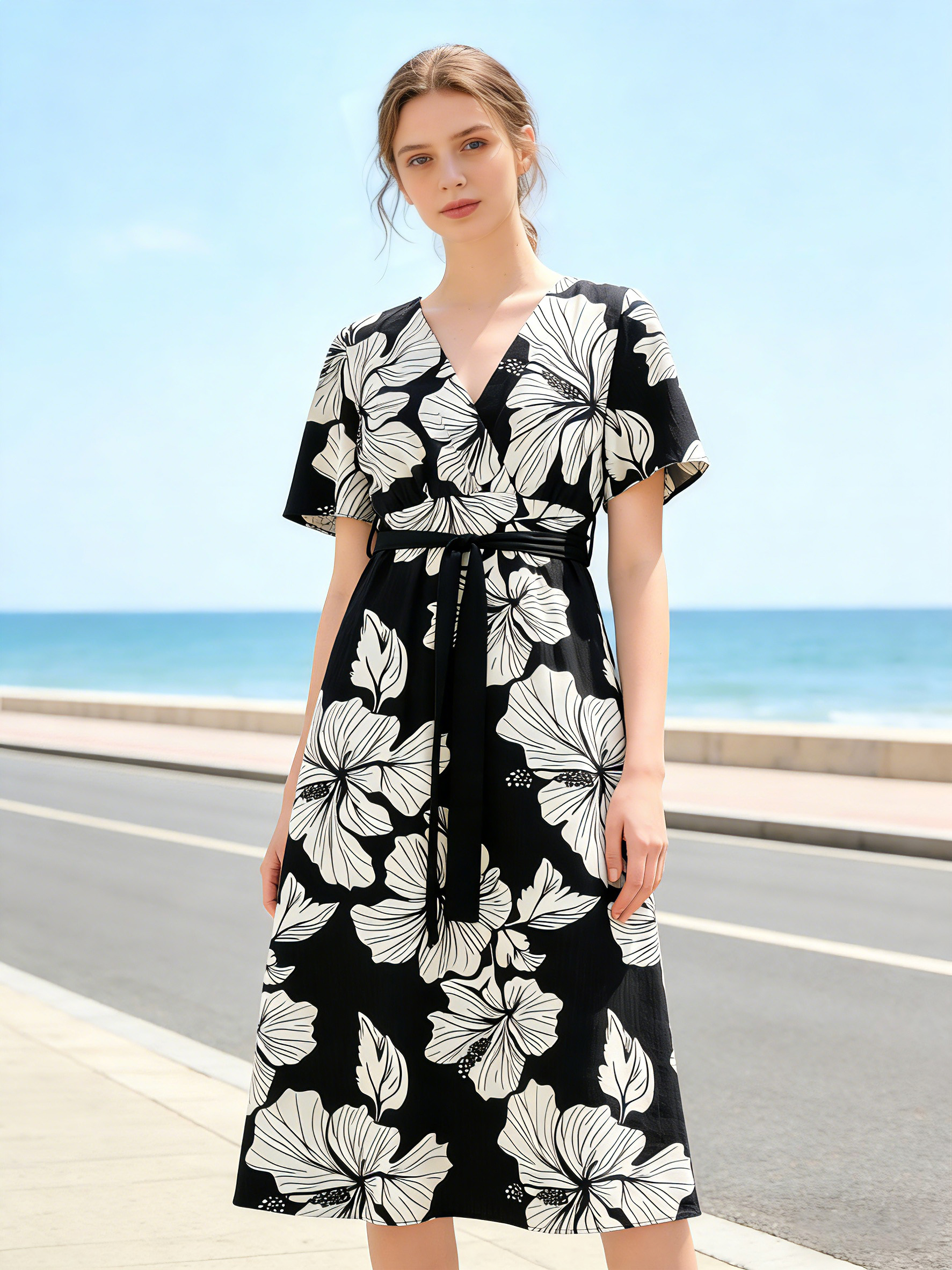 Women's Black & White Hibiscus Print Wrap Midi Dress - V-Neck Tie Waist Dress  C-42530