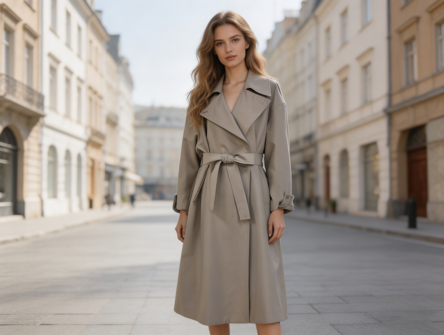 Light Beige Belted Trench Coat - Oversized Long Coat 57768