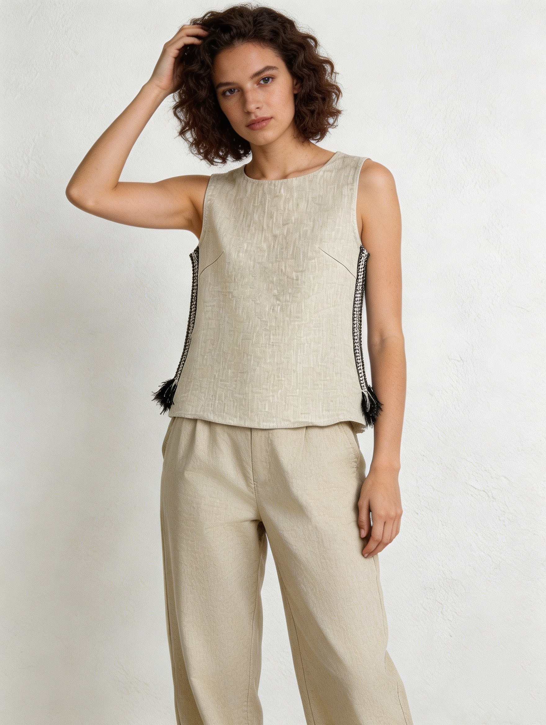Women’s Boho Linen Blend Tassel Trim Sleeveless Top A-41768