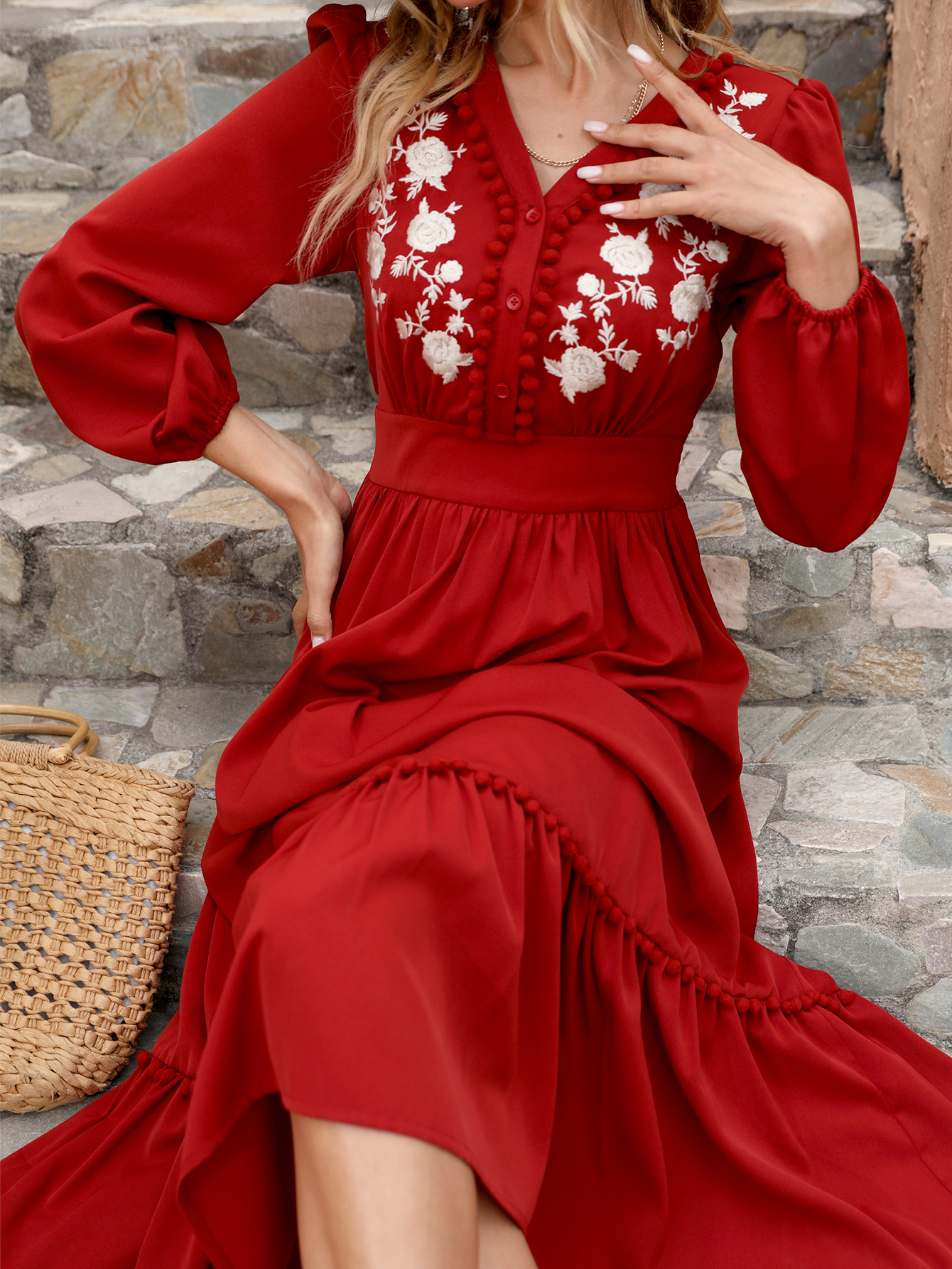 Women’s Vintage Boho Embroidered Midi Dress – Long Sleeve V-Neck Ruffle Hem D-34101