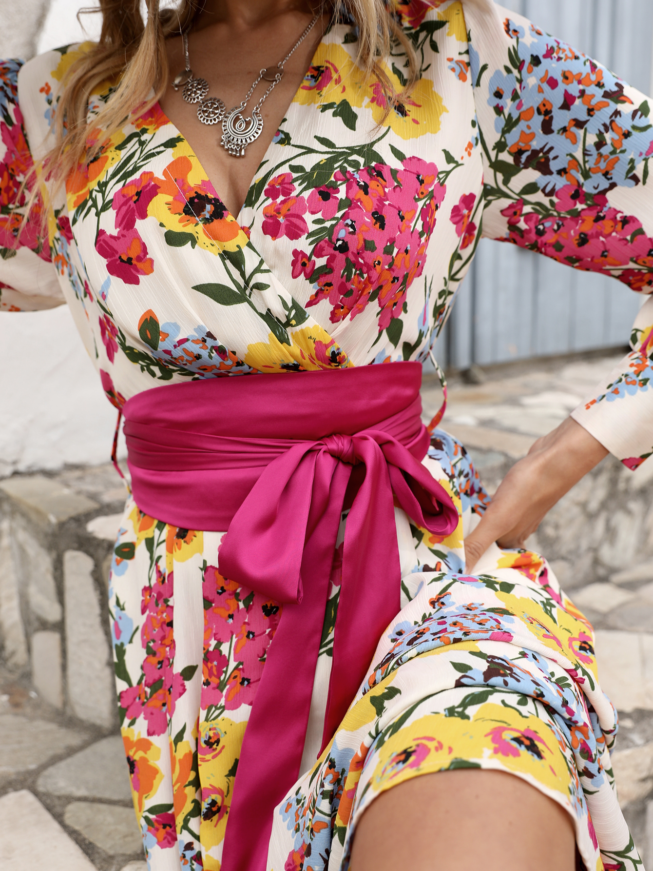 Women’s Boho Floral Midi Dress with V Neck and Sash Belt D-34237