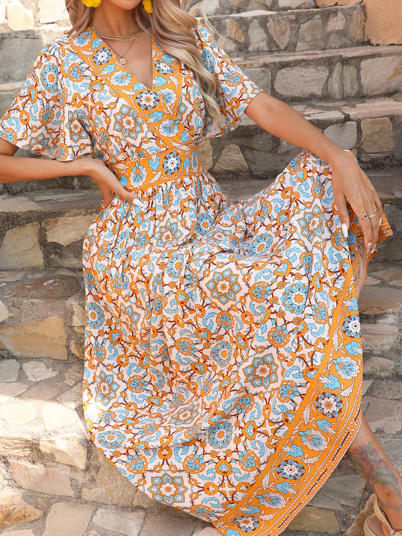 Women’s Boho Floral Midi Dress with V Neck and Flutter Sleeves D-34295