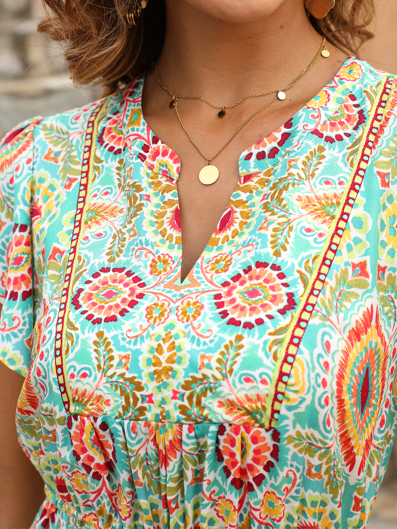 Women’s Boho Print V-Neck Drawstring Waist Mini Dress D-35591