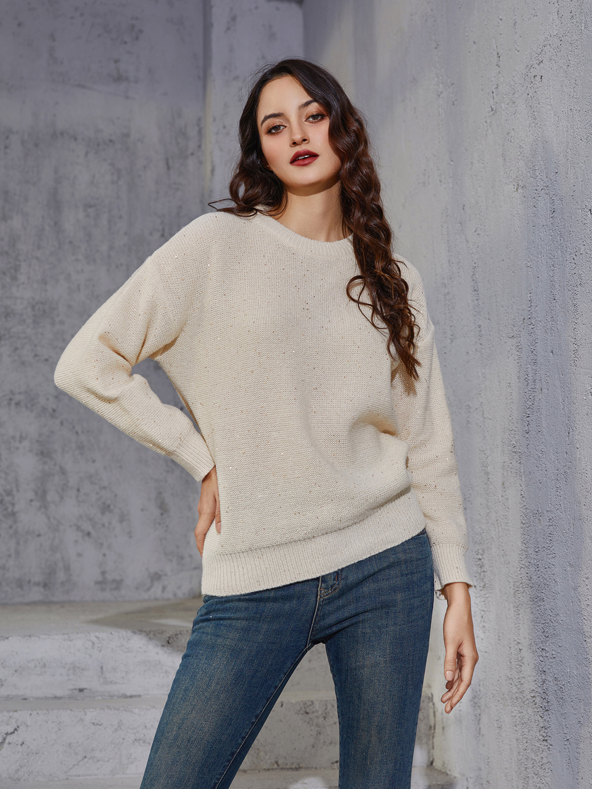 Beige Sequins CrewNeck Pullover Sweater