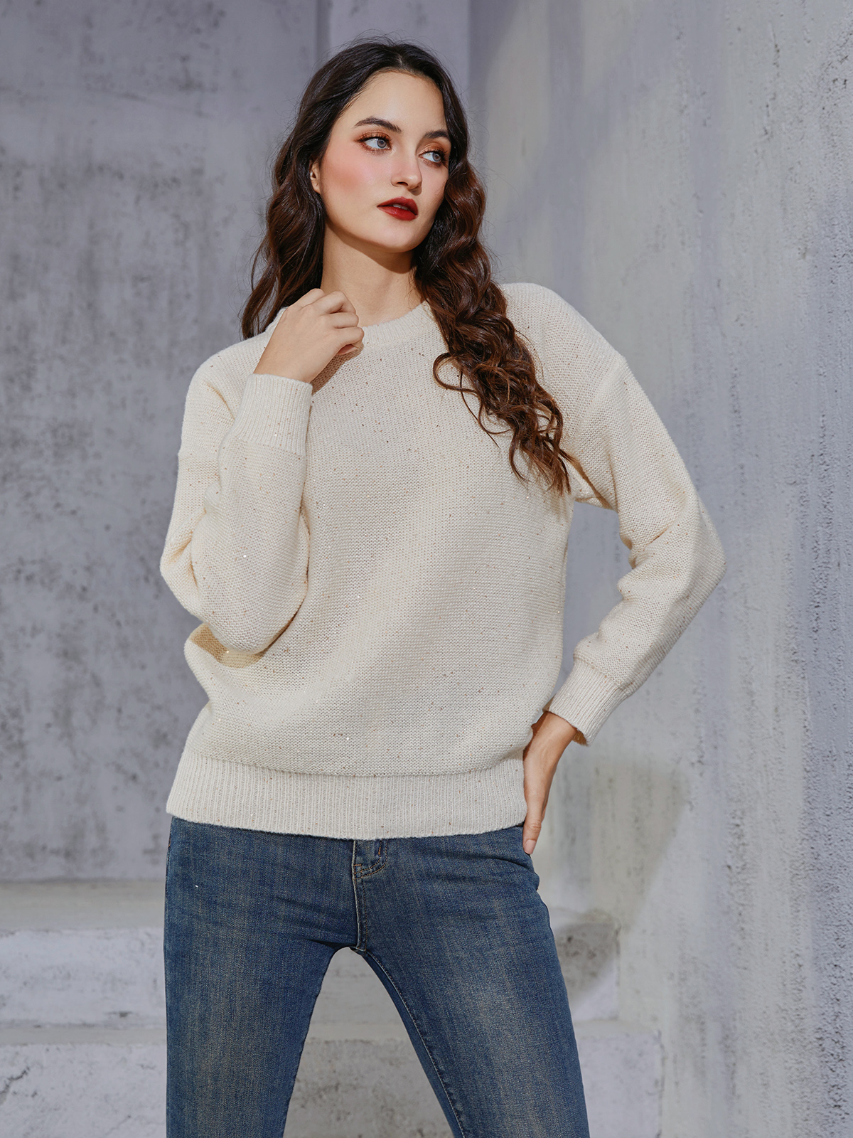 Beige Sequins CrewNeck Pullover Sweater