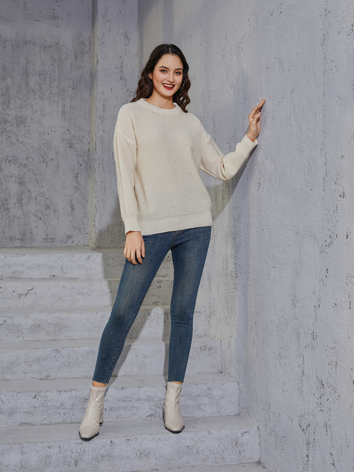 Beige Sequins CrewNeck Pullover Sweater