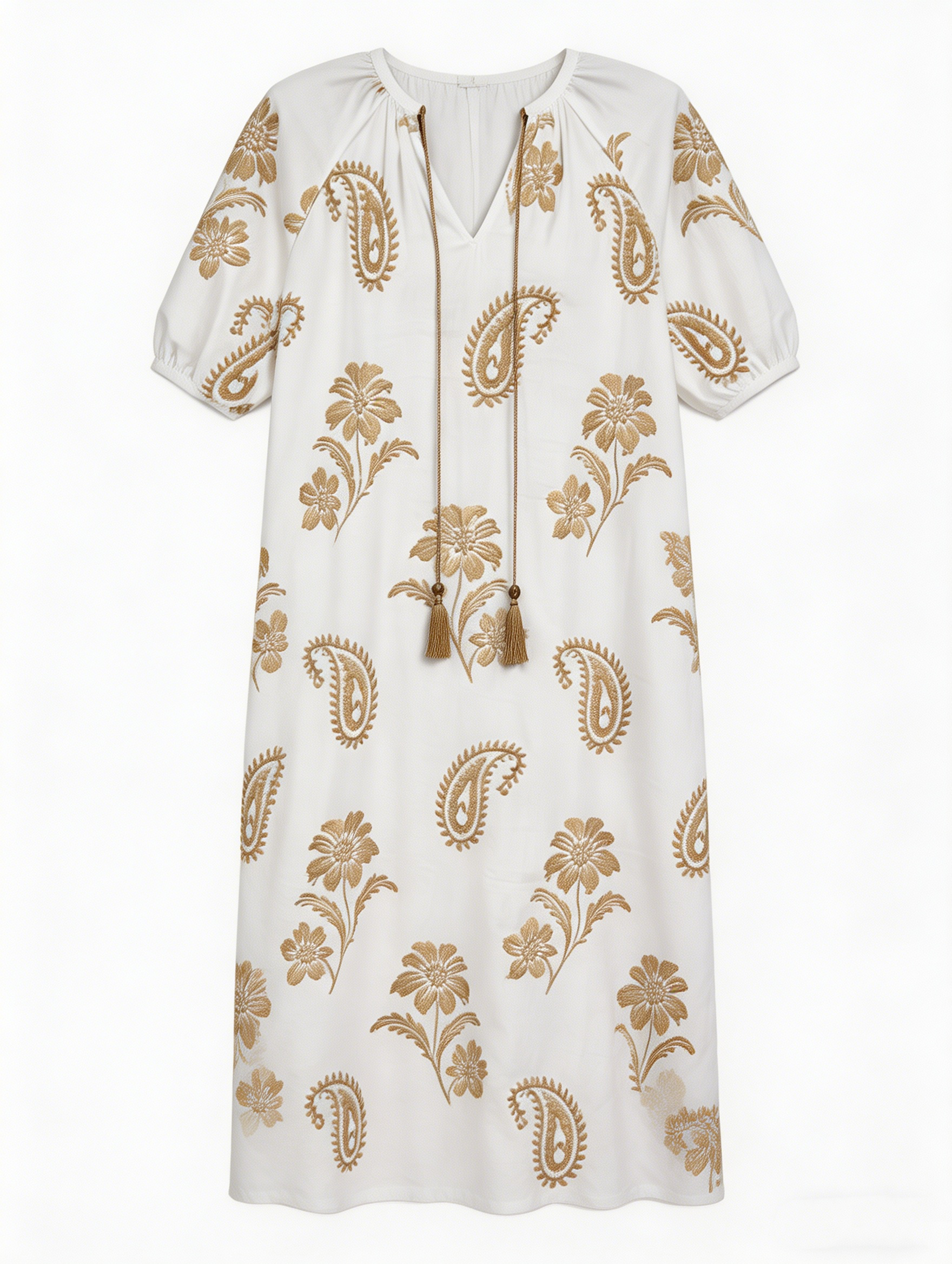  Women's Boho Chic White Midi Dress with Gold Paisley Embroidery and Tassel Tie C-42574
