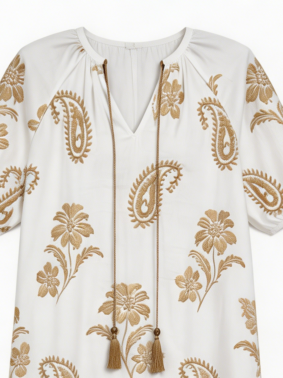  Women's Boho Chic White Midi Dress with Gold Paisley Embroidery and Tassel Tie C-42574