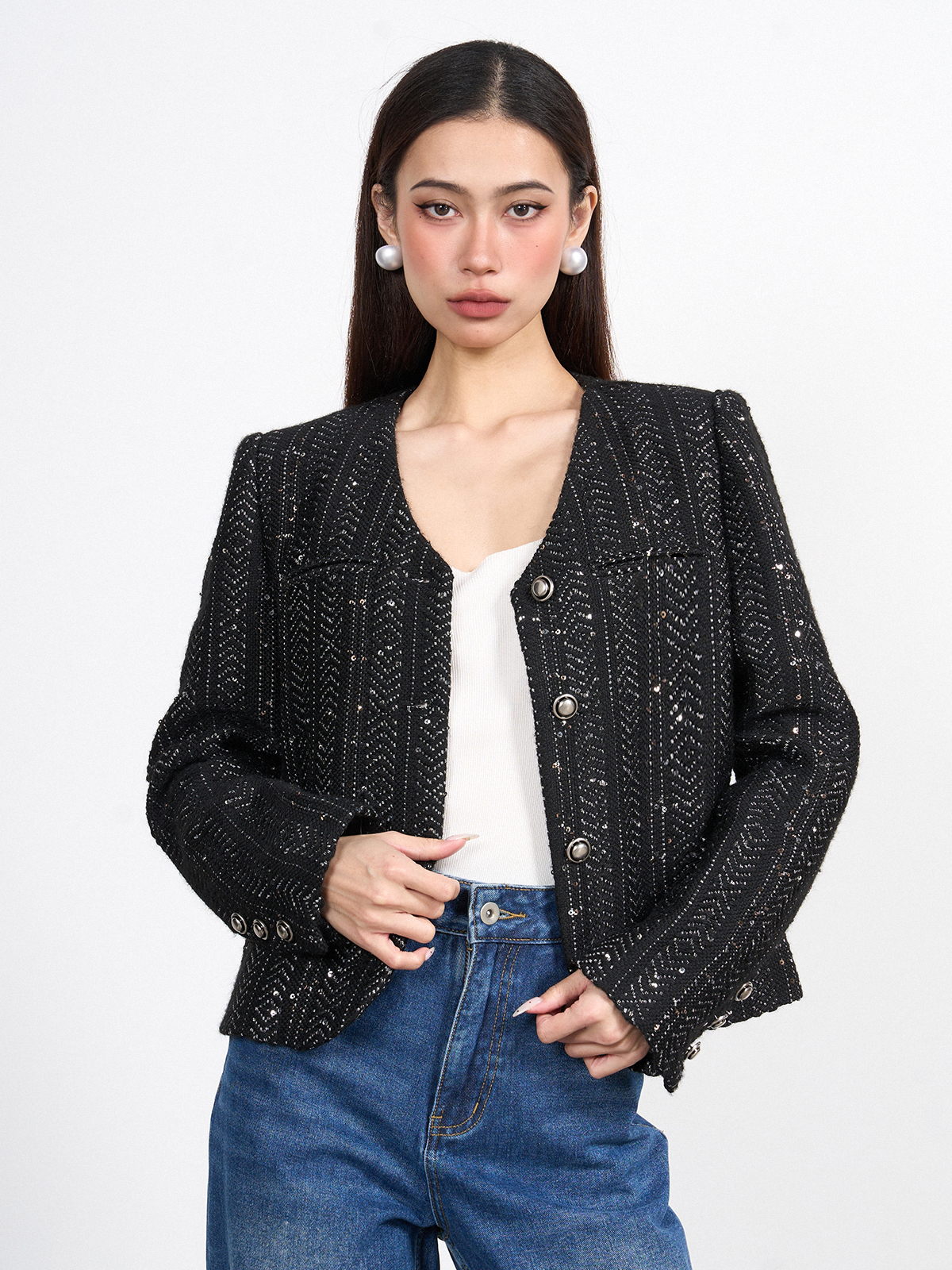 Sequin-Embellished Tweed Jacket