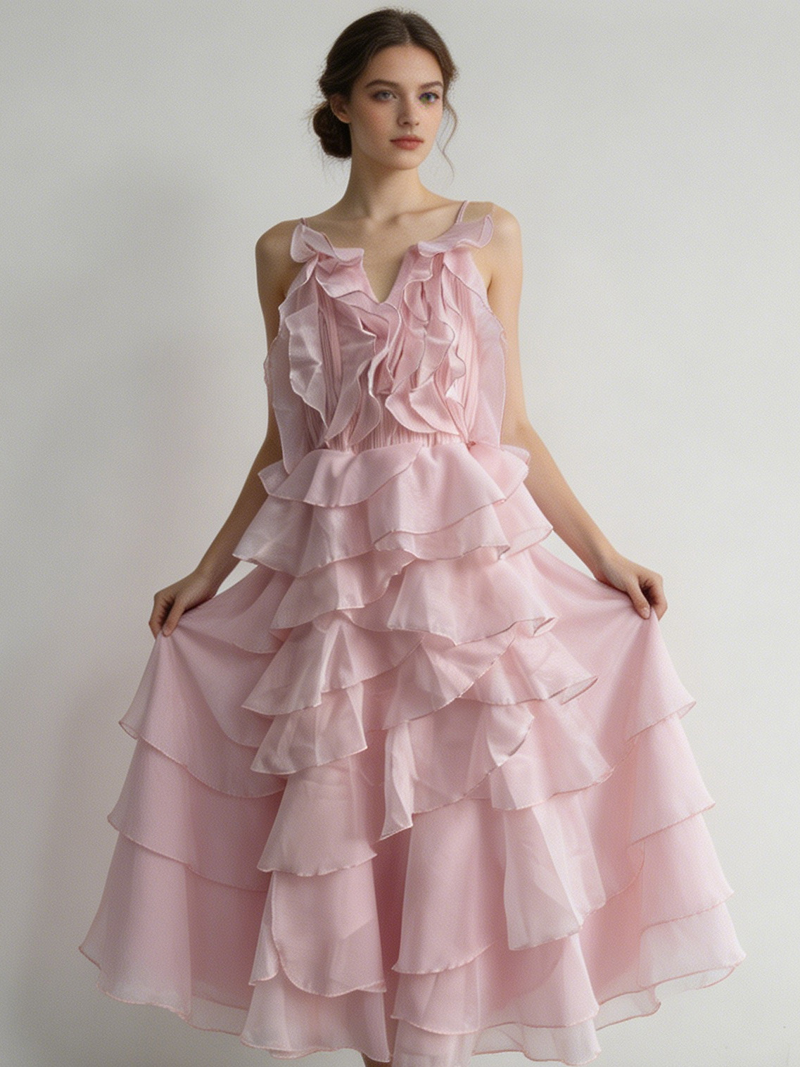Pink Ruffle Tiered Midi Dress - Romantic Party Dress 5377