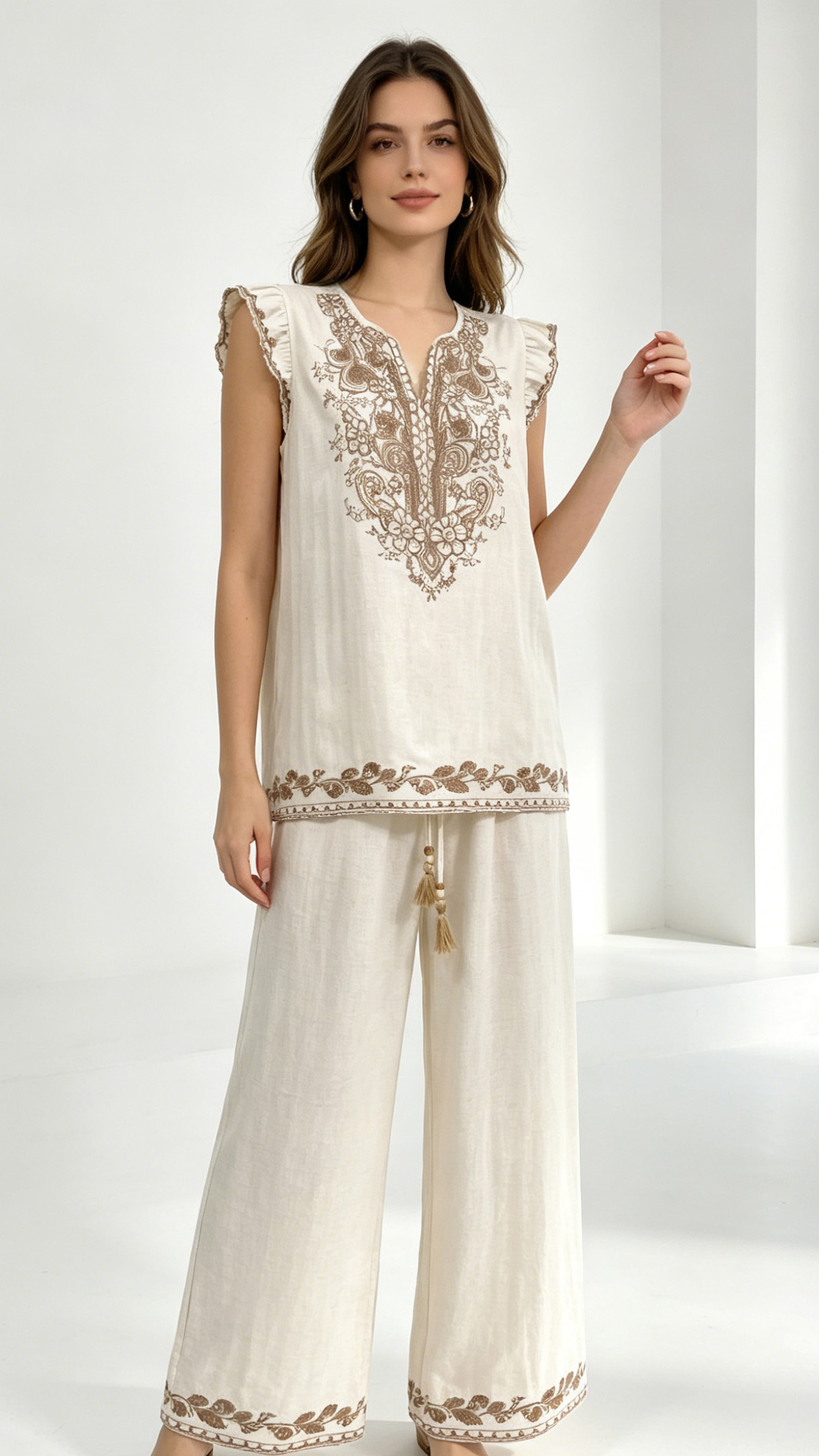 Boho Embroidered Linen Two Piece Set Women Wide Leg Pants Suit W-42934+W-42935