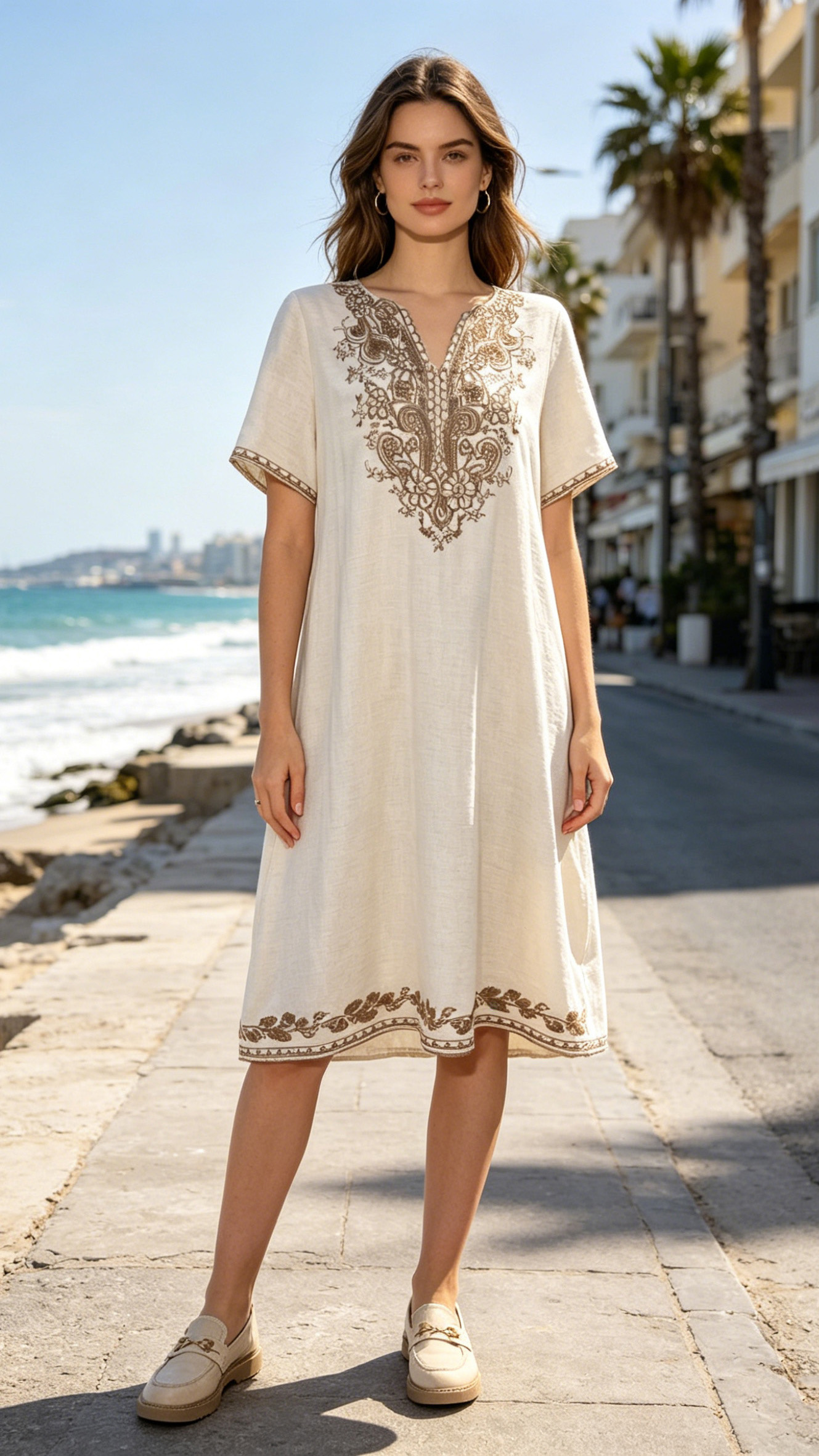 Boho Embroidered Linen-Look Maxi Dress W-42937