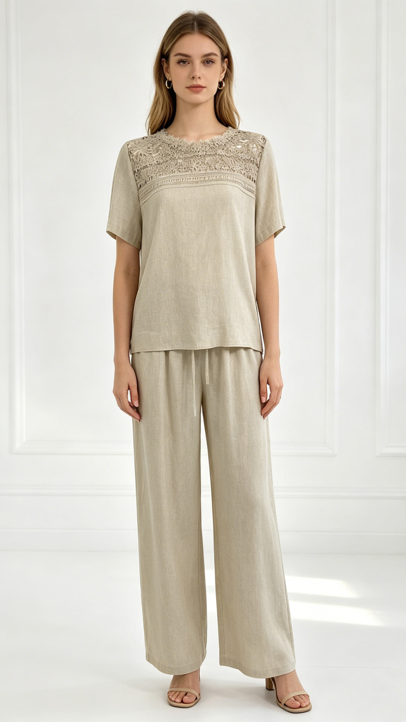 Women’s Linen Two Piece Set – Lace Panel Top & Wide Leg Pants