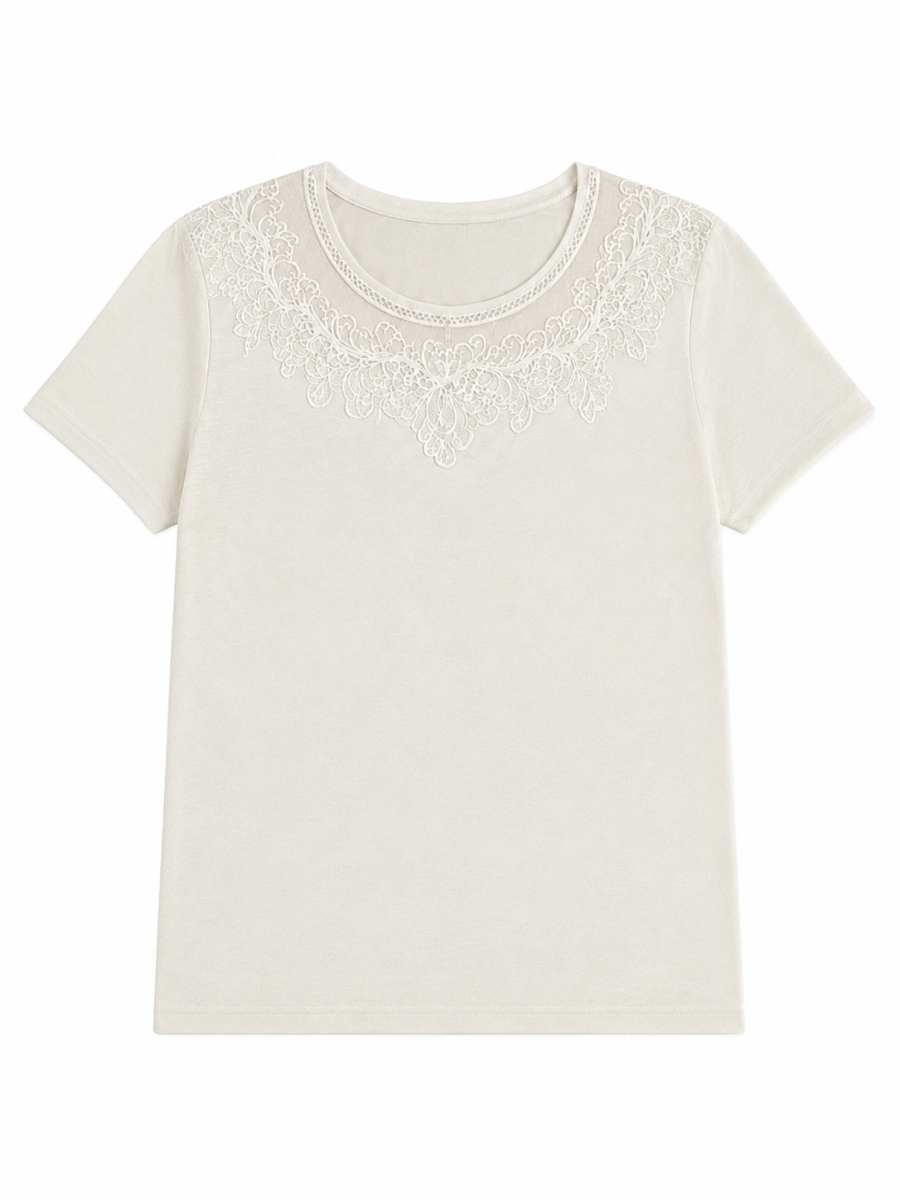 Women Floral‑Lace‑Yoke Crew‑Neck T‑Shirt M-42235