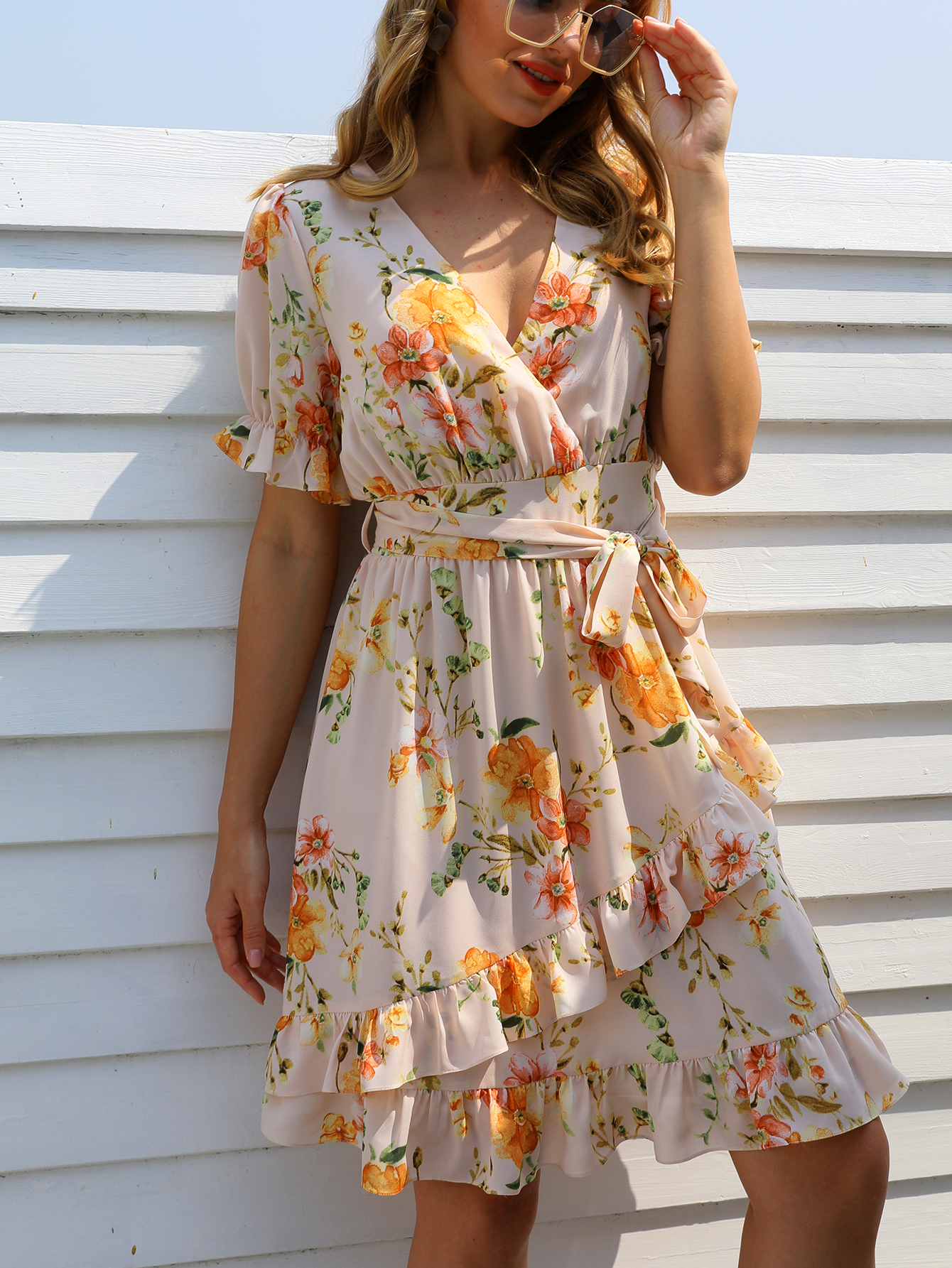 Women’s Floral Ruffle Sleeve V-Neck Mini Dress W-31936