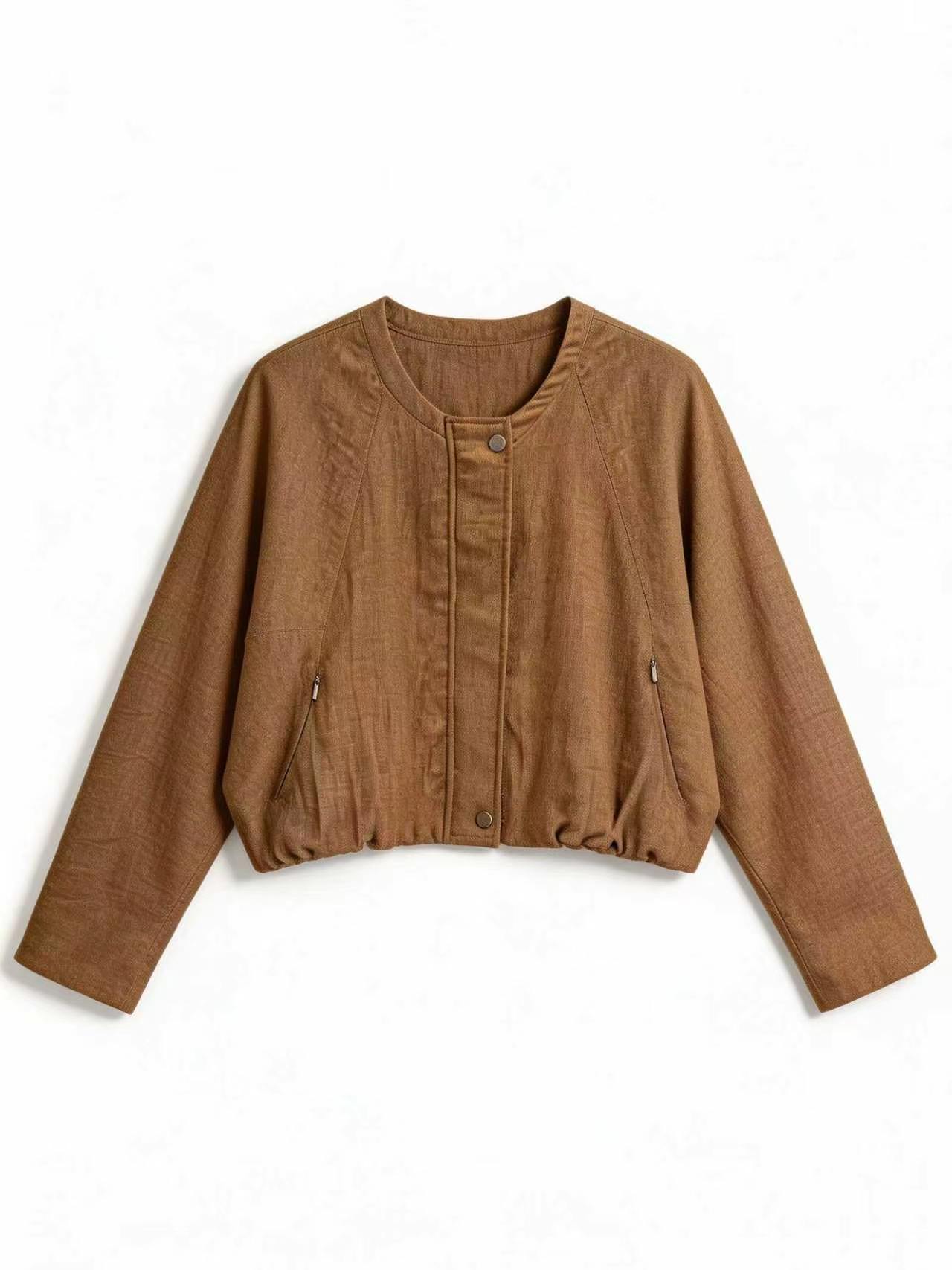 Minimalist Linen Cropped Bomber Jacket with Elastic Hem LA-710004