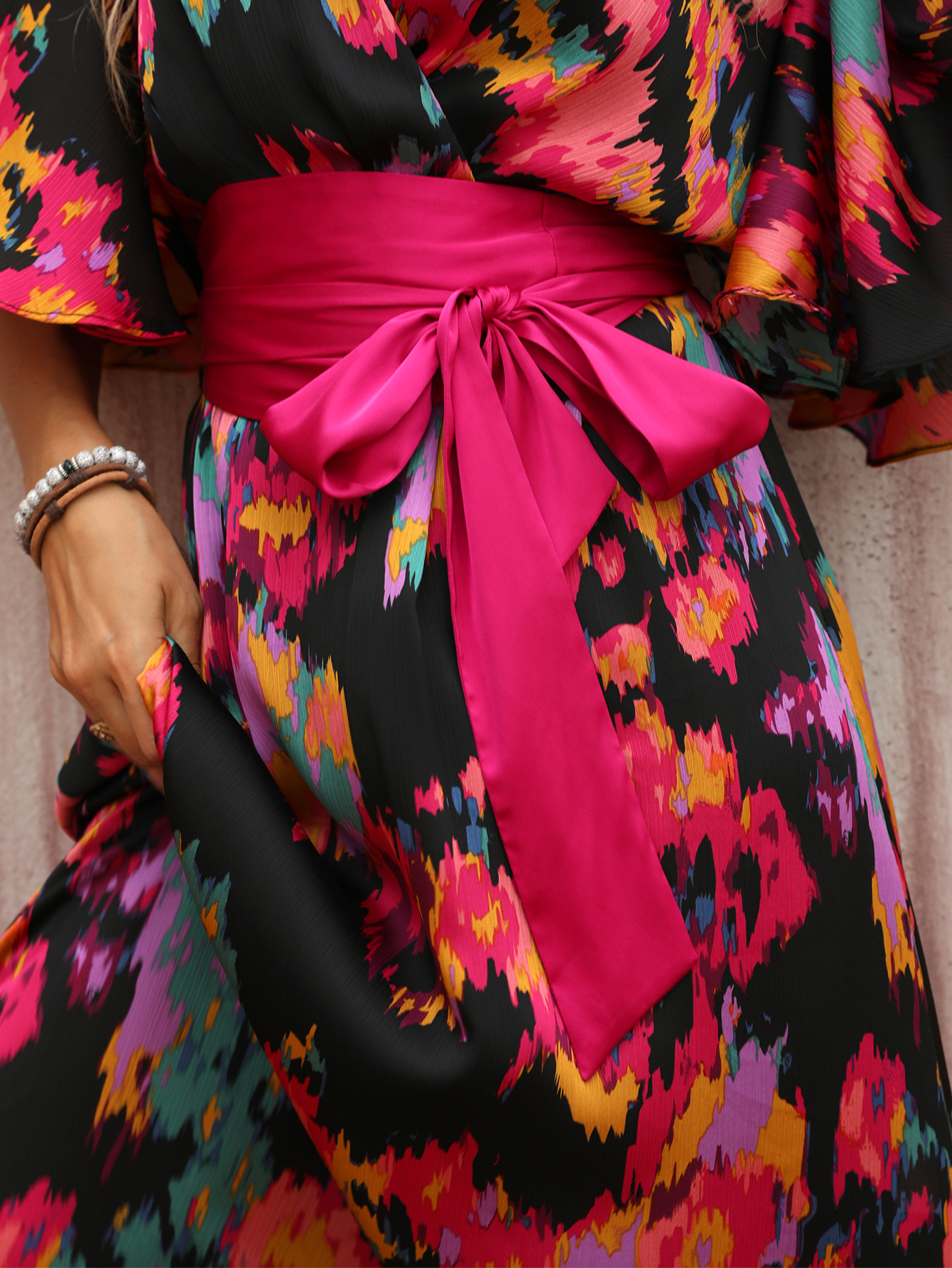 Vibrant Floral Wrap Belted Flutter Sleeve Maxi Dress W-32906