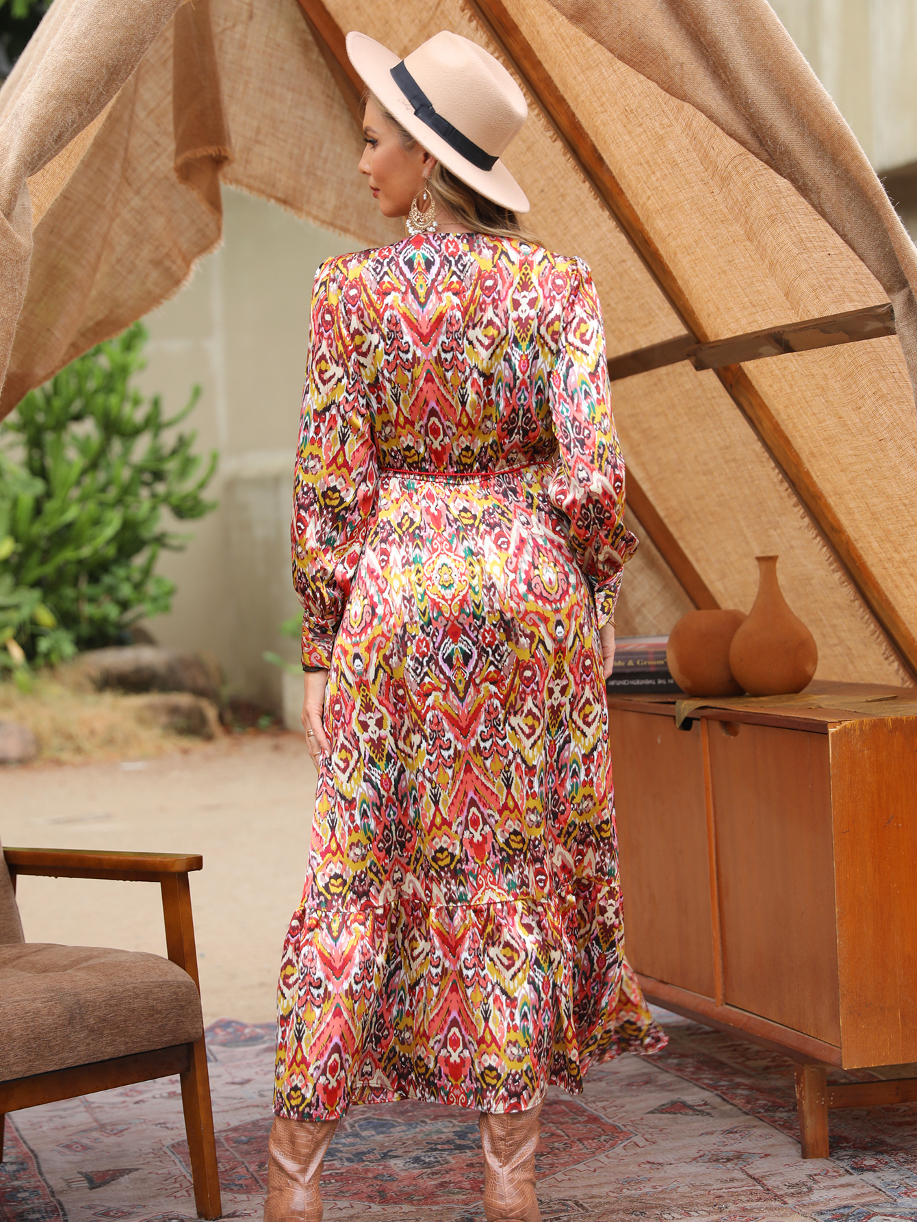 Boho Ikat Print V-Neck Long Sleeve Maxi Dress W-33705