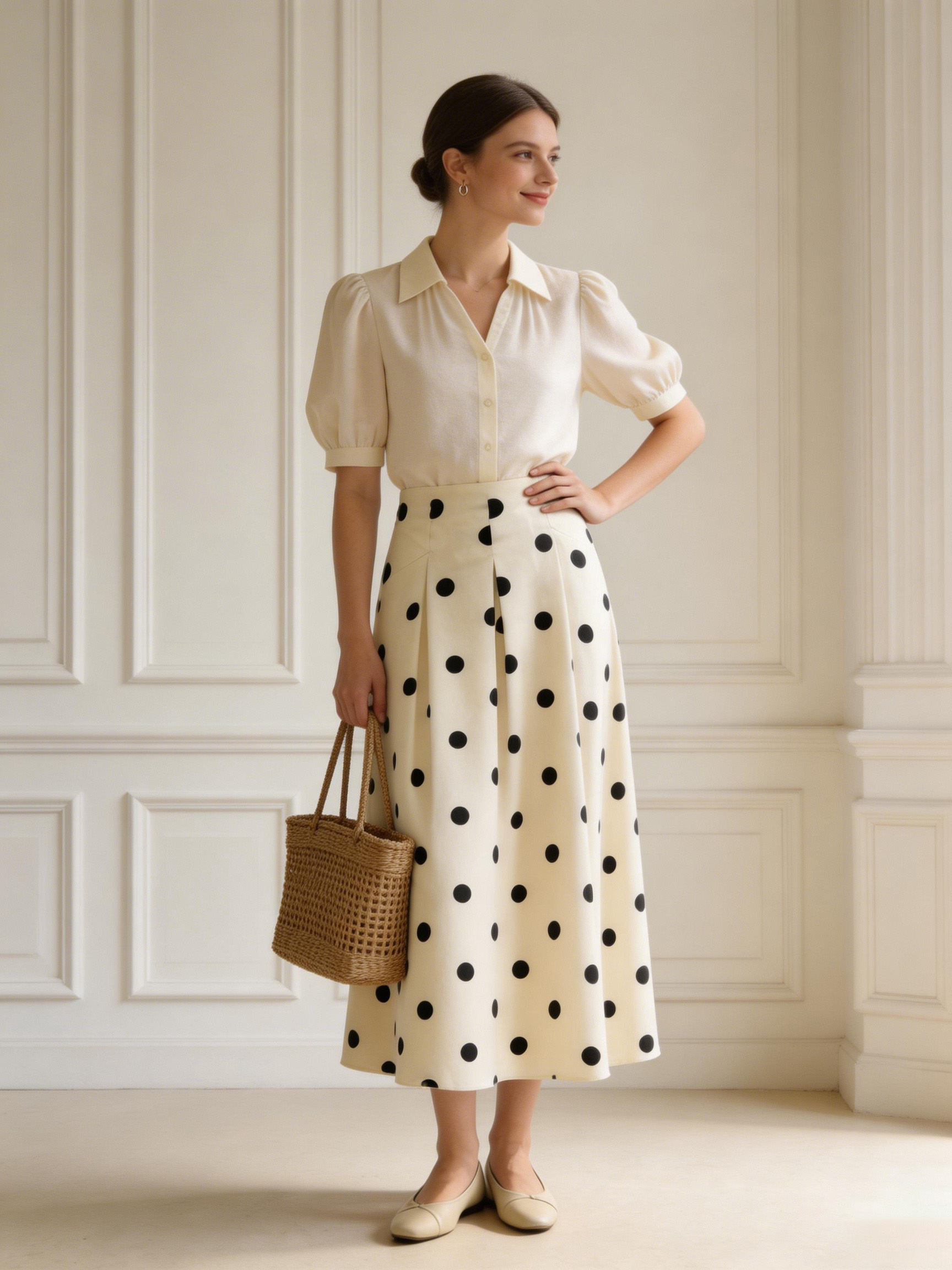 Black White Polka Dot High Waist Midi Skirt with Pockets - Retro A-Line Skirt W-38965