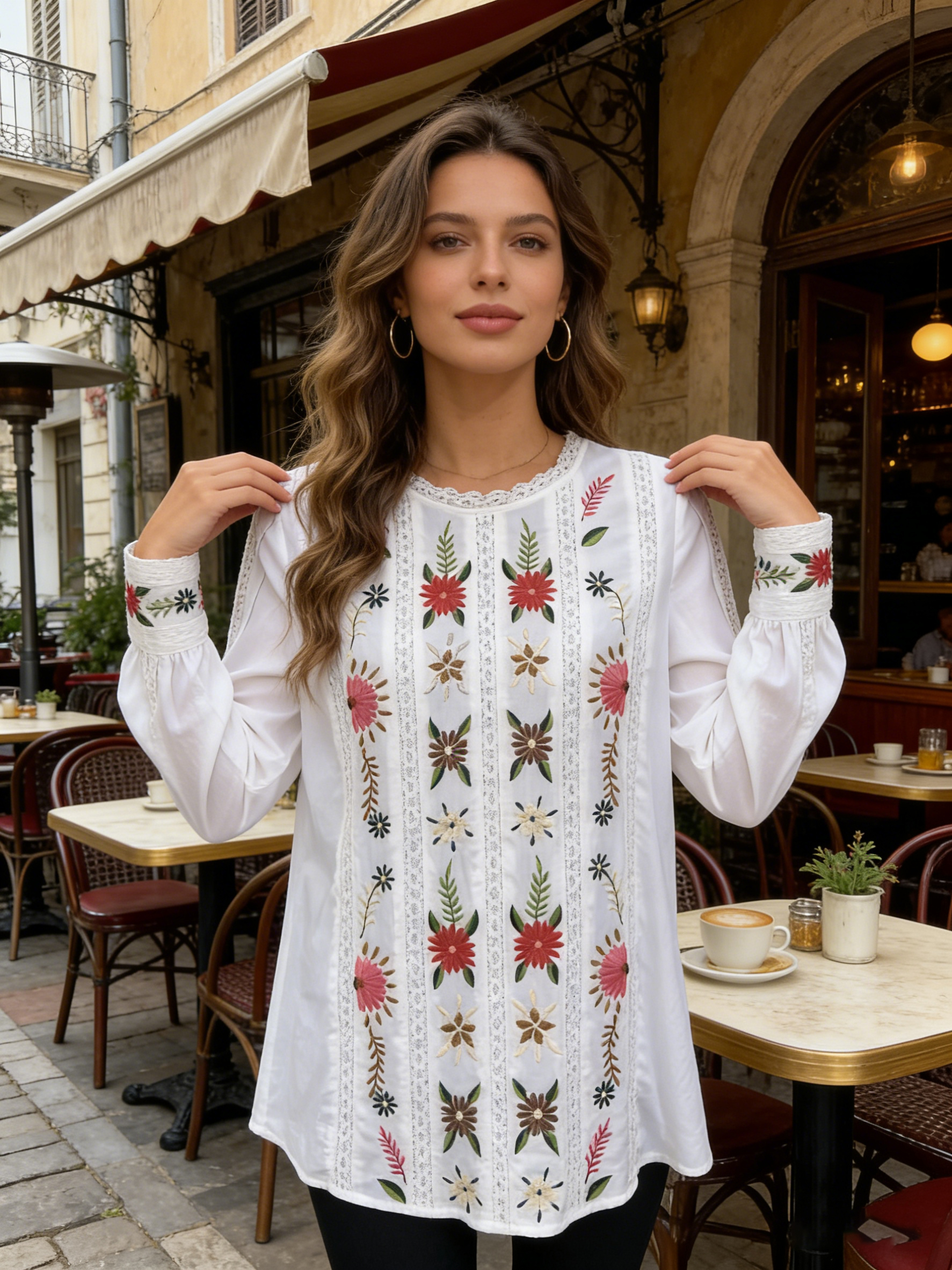 Women’s Boho Floral Embroidered Lace Panel Long Sleeve Blouse B-41966